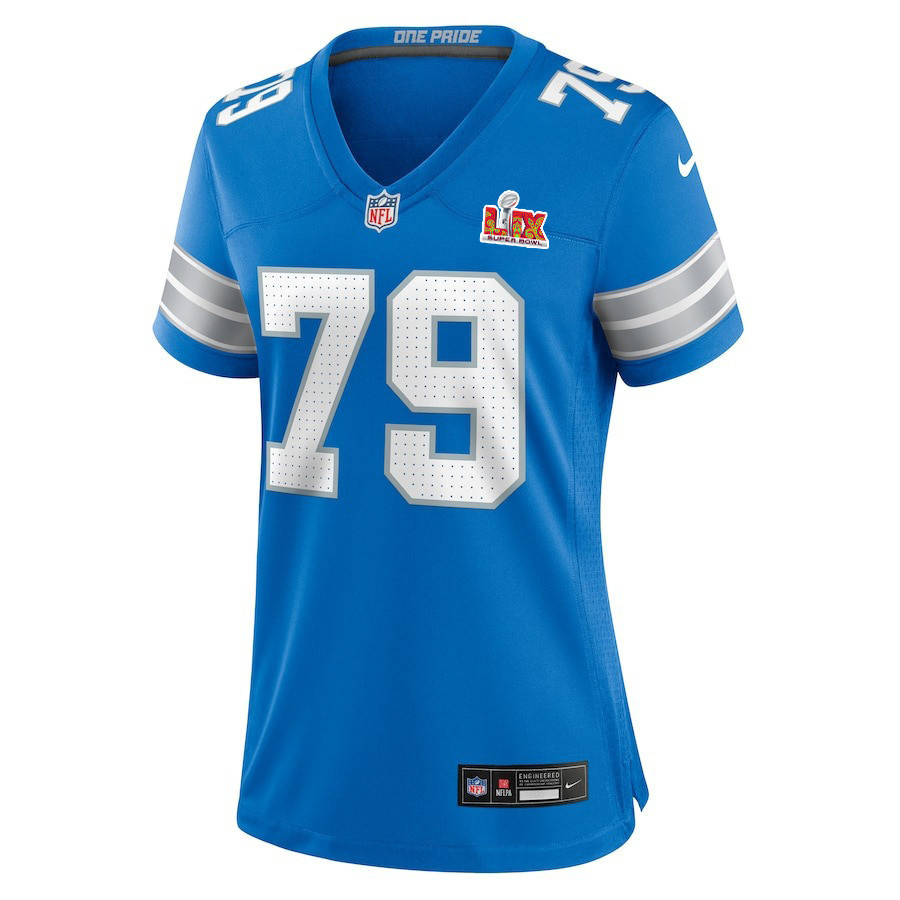 John Cominsky #79 Detroit Lions Super Bowl LIX Women's Jersey - Blue