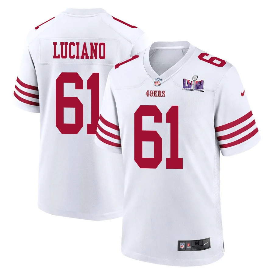 Corey Luciano 61 San Francisco 49ers Super Bowl LVIII Patch Game Men Jersey - White