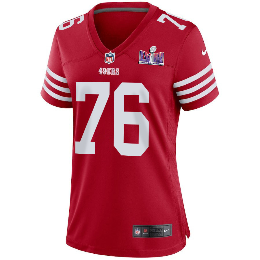 Jaylon Moore 76 San Francisco 49ers Super Bowl LVIII Patch Game Women Jersey - Scarlet