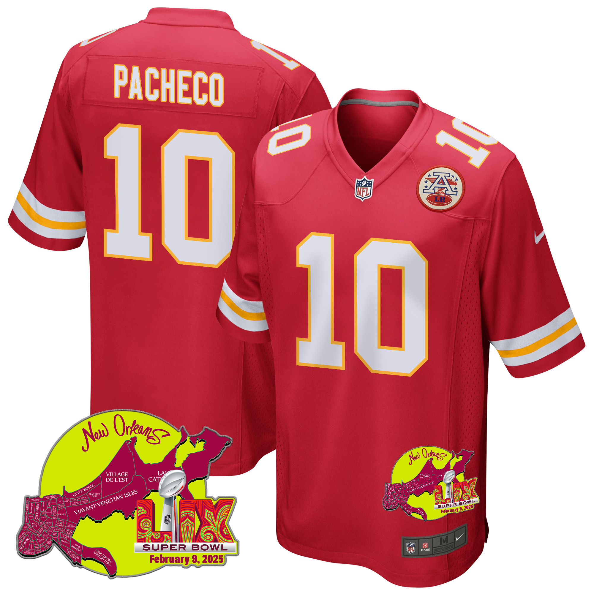 Isiah Pacheco 10 Kansas City Chiefs Super Bowl LIX New Orleans Patch Game Men Jersey - Red