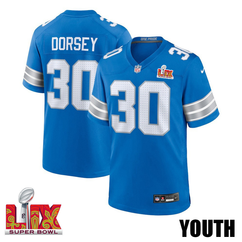 Khalil Dorsey #30 Detroit Lions Super Bowl LIX YOUTH Jersey - Blue