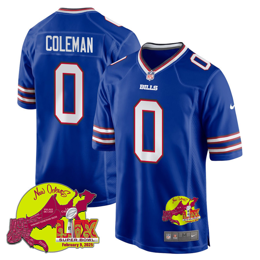 Keon Coleman 0 Buffalo Bills Super Bowl LIX New Orleans Patch Game Men Jersey - Royal