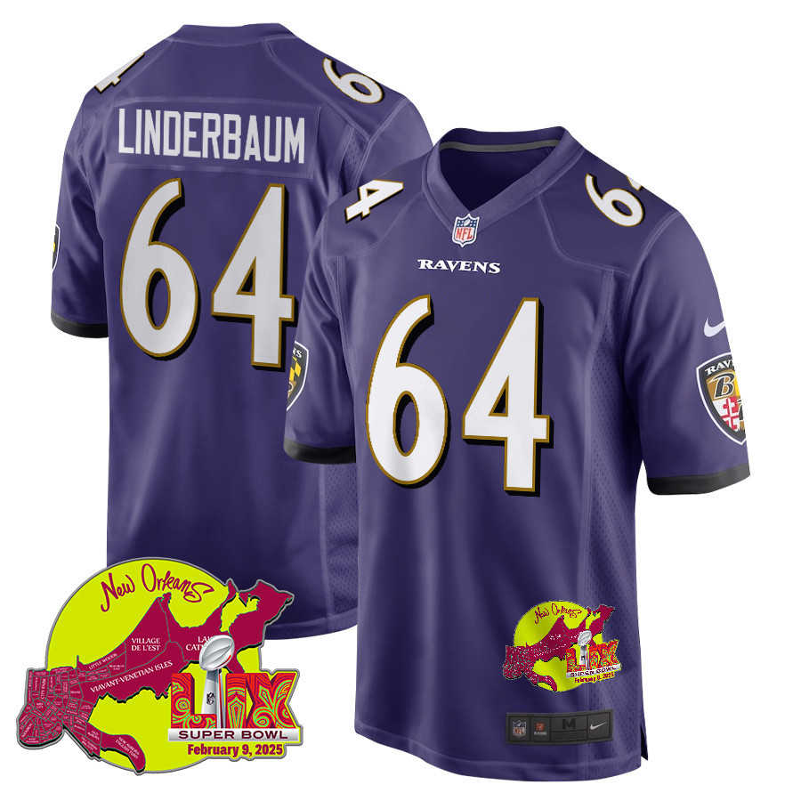 Tyler Linderbaum 64 Baltimore Ravens Super Bowl LIX New Orleans Patch Game Men Jersey - Purple