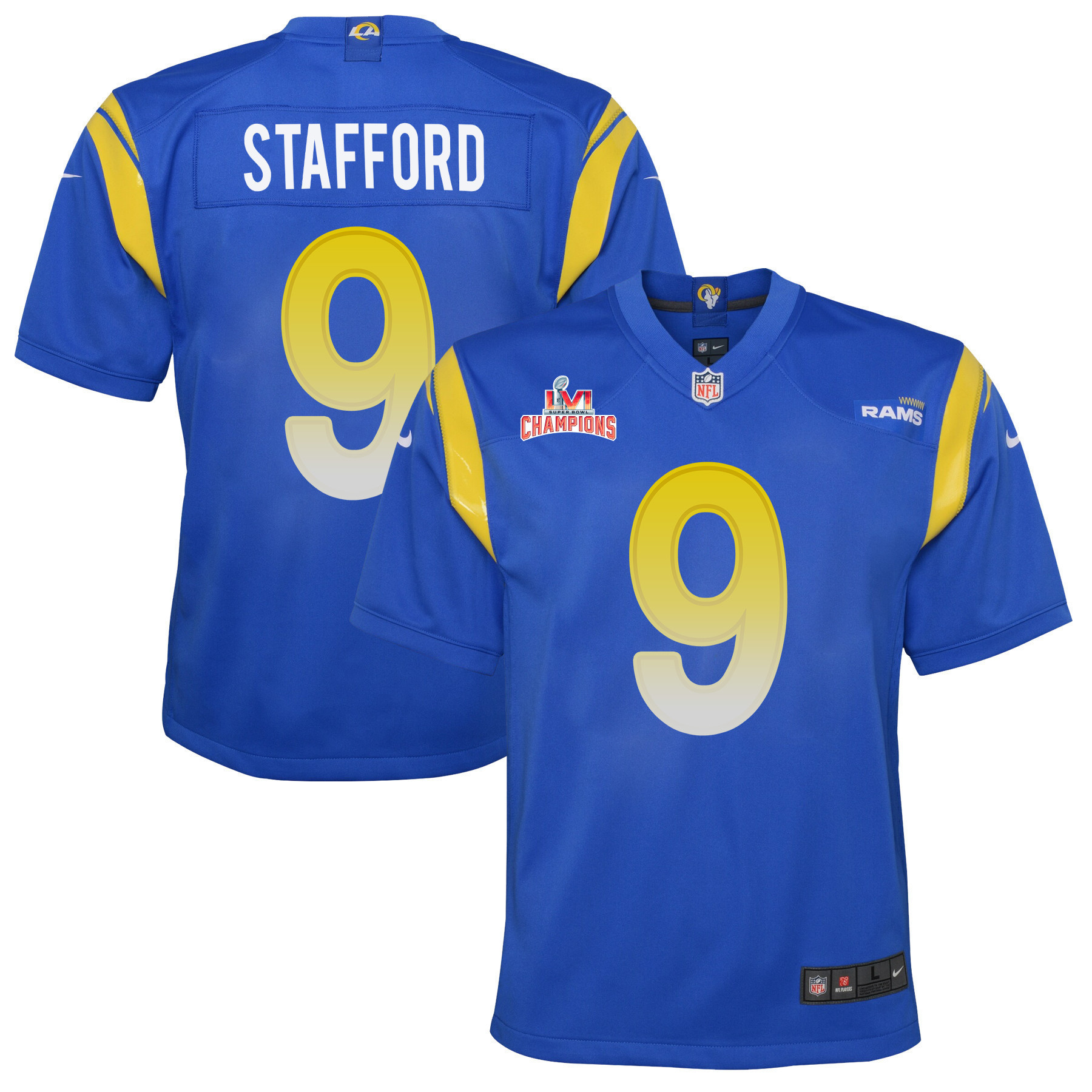Super Bowl LVI Champions Los Angeles Rams Matthew Stafford 9 Royal Youth's Jersey Jersey