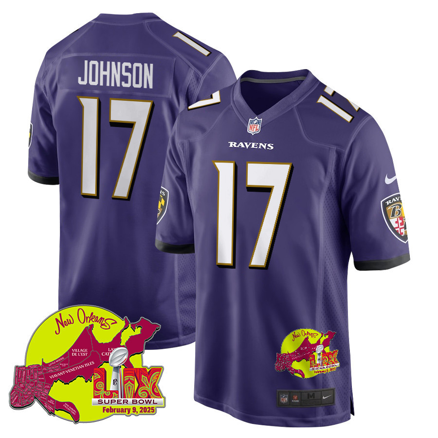 Josh Johnson 17 Baltimore Ravens Super Bowl LIX New Orleans Patch Game Men Jersey - Purple