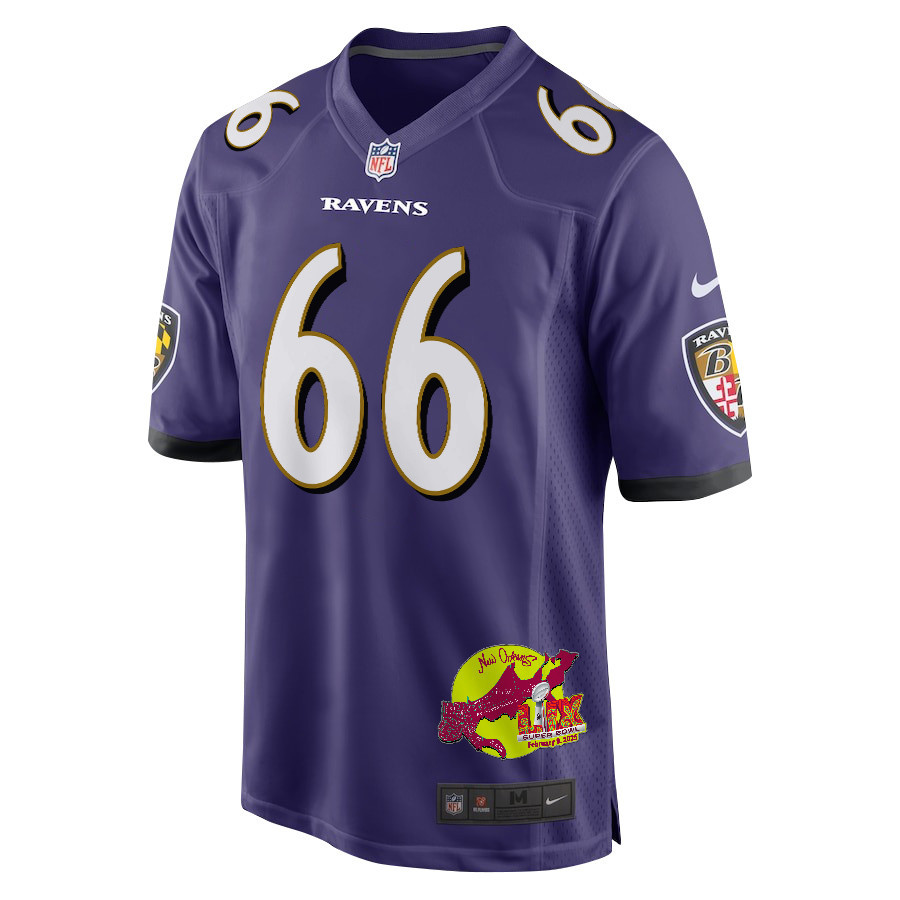 Ben Cleveland 66 Baltimore Ravens Super Bowl LIX New Orleans Patch Game Men Jersey - Purple