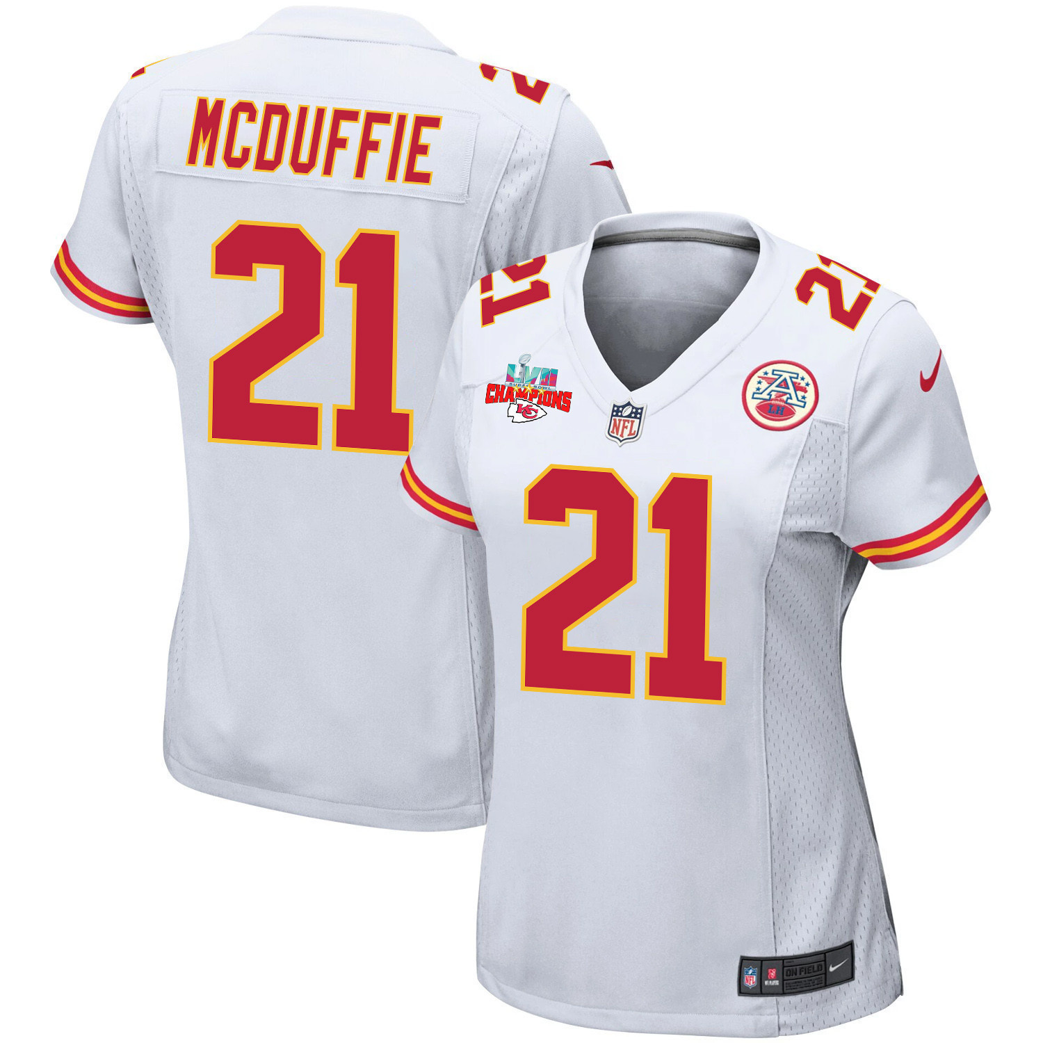 Trent McDuffie 21 Kansas City Chiefs Super Bowl LVII Champions 3 Stars Women Game Jersey - White