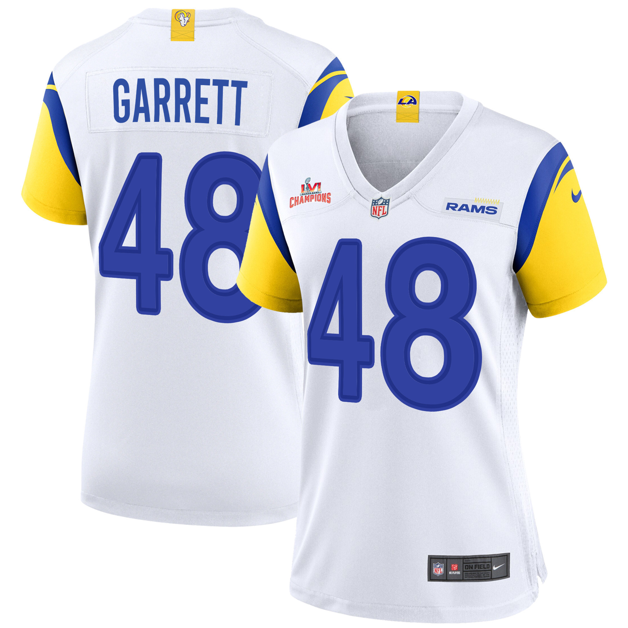 Super Bowl LVI Champions Los Angeles Rams Chris Garrett 48 White Women's Jersey Jersey
