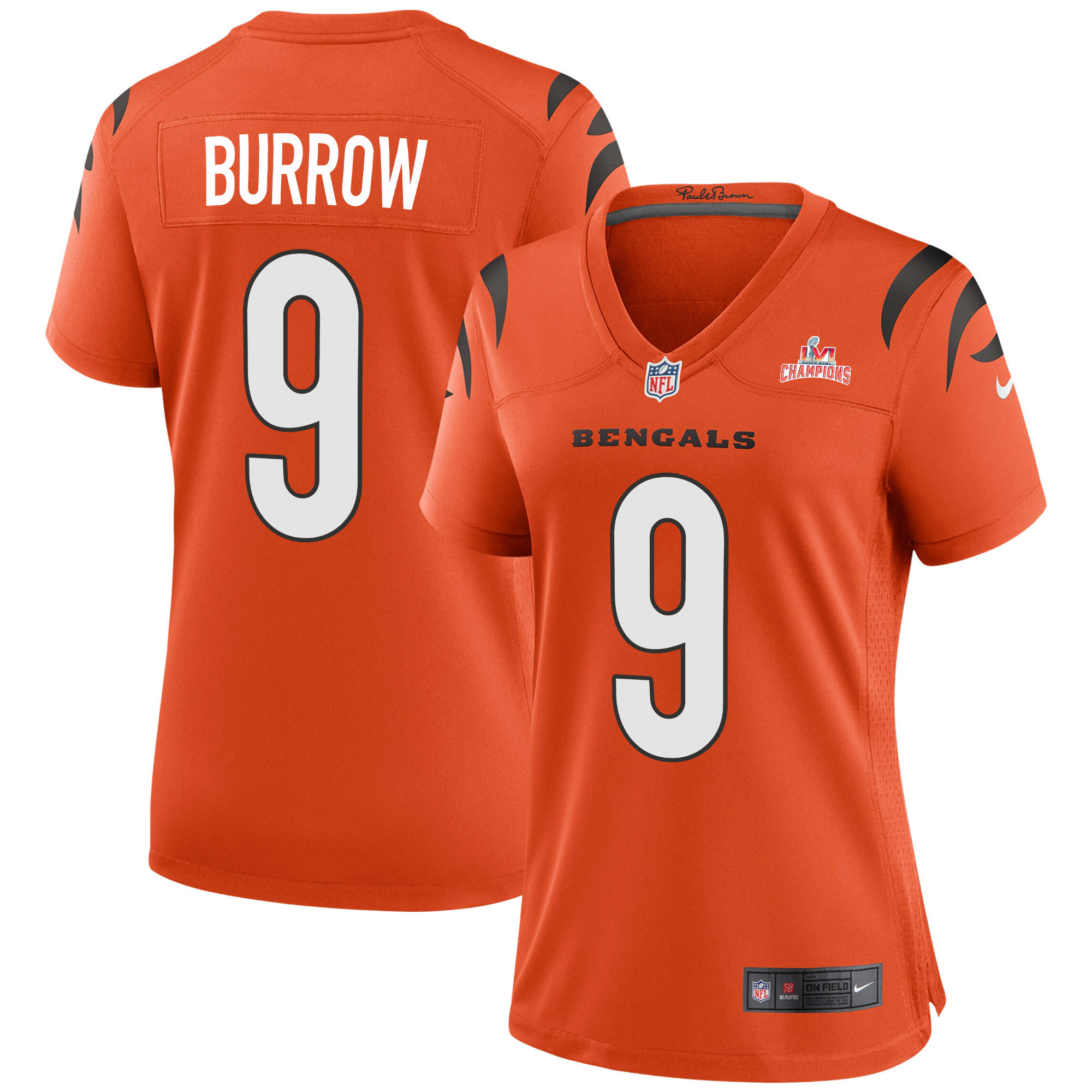 Super Bowl LVI Champions Cincinnati Bengals Joe Burrow 9 Orange Women's Jersey Jersey