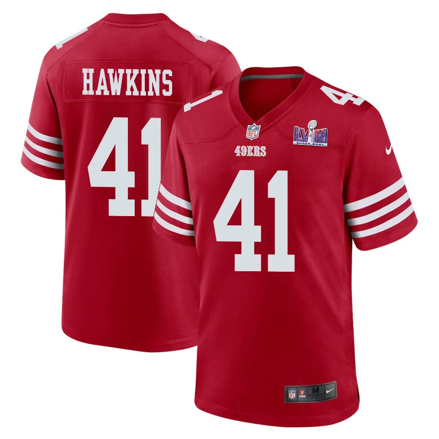 Tayler Hawkins 41 San Francisco 49ers Super Bowl LVIII Patch Game Men Jersey - Scarlet