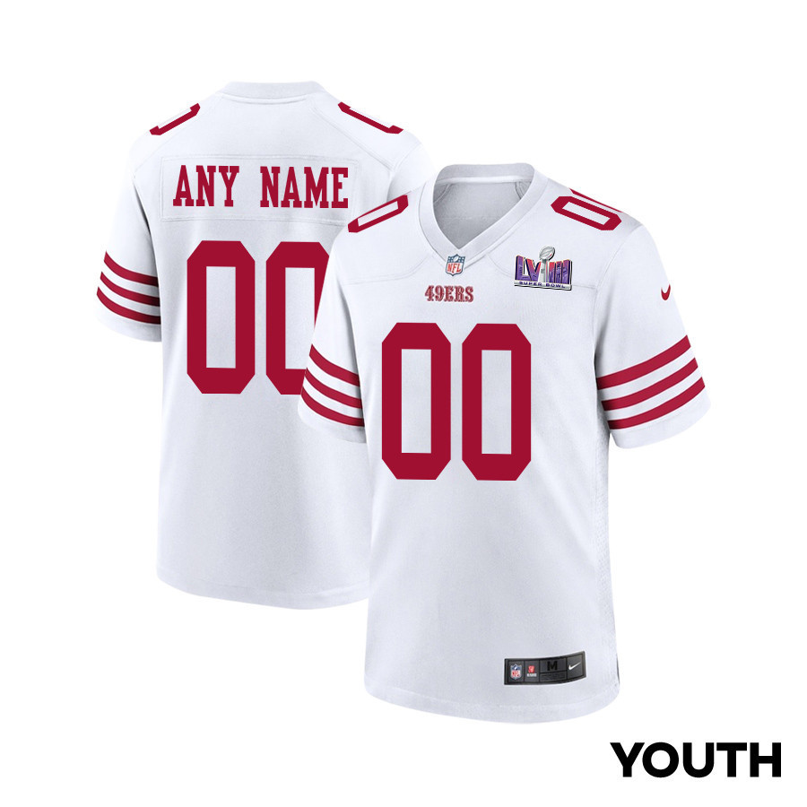 San Francisco 49ers Super Bowl LVIII Patch Game YOUTH Custom Jersey - White