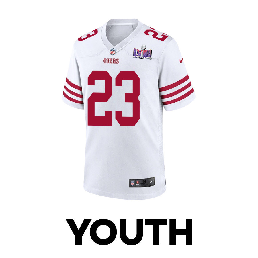 Christian McCaffrey 23 San Francisco 49ers Super Bowl LVIII Patch Game YOUTH Jersey - White