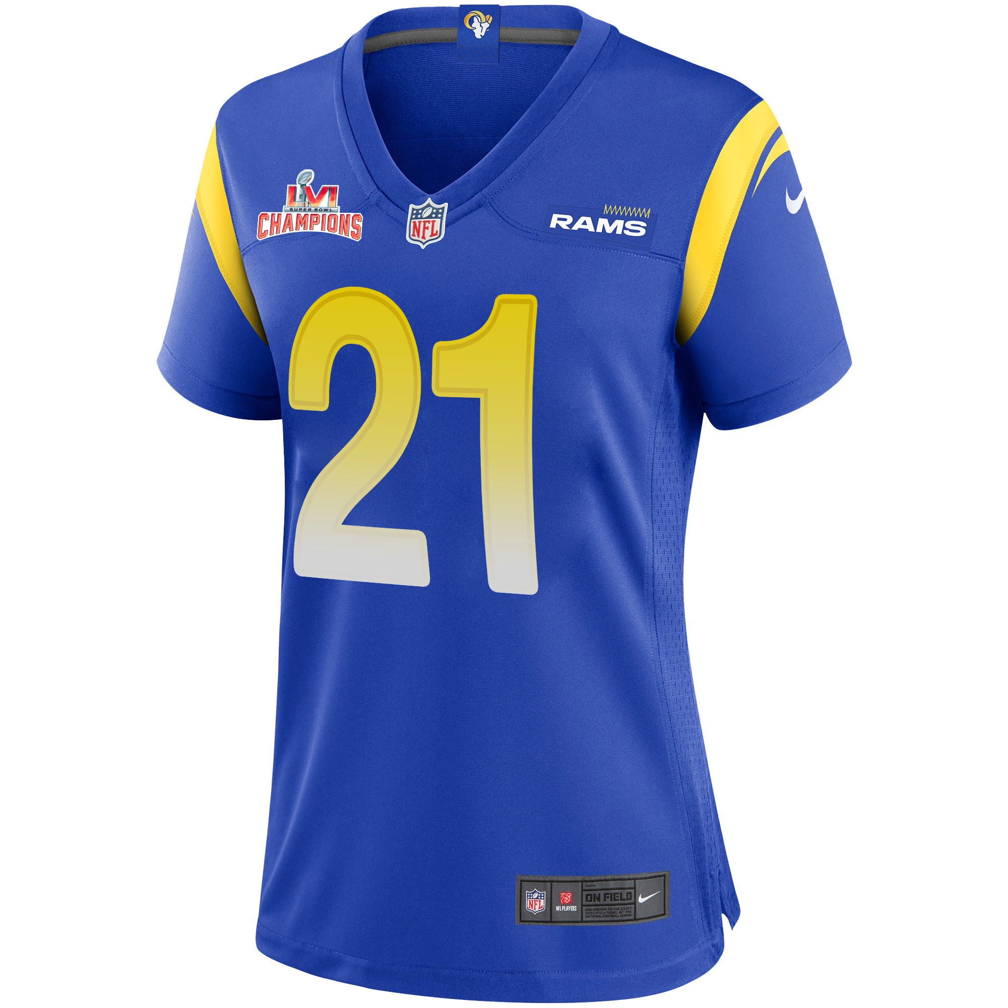 Super Bowl LVI Champions Los Angeles Rams Dont'e Deayon 21 Royal Women's Jersey Jersey