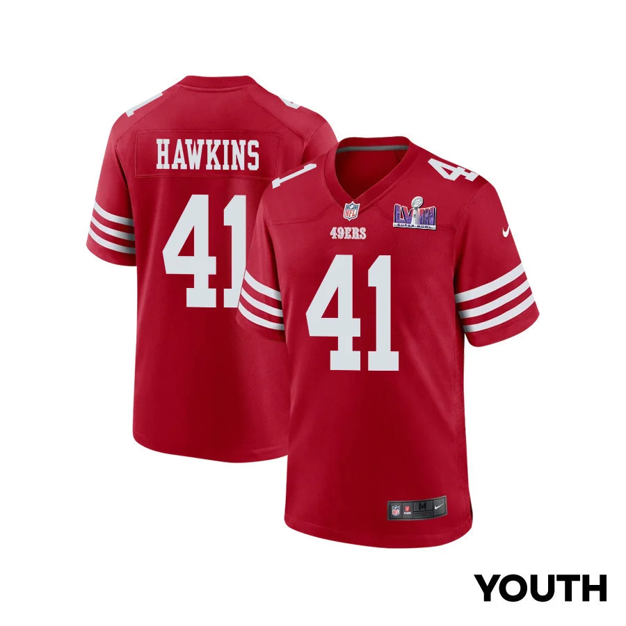 Tayler Hawkins 41 San Francisco 49ers Super Bowl LVIII Patch Game YOUTH Jersey - Scarlet