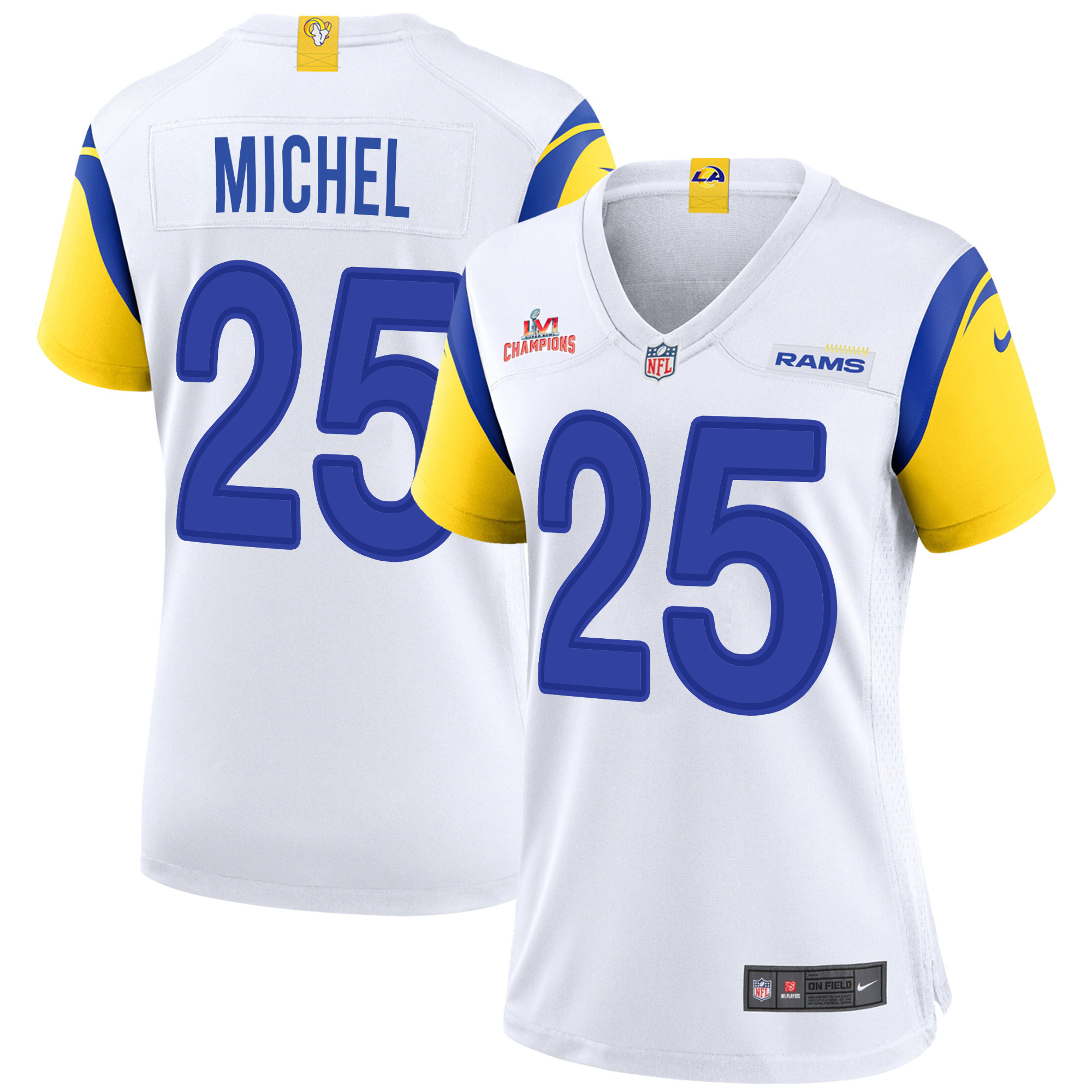 Super Bowl LVI Champions Los Angeles Rams Sony Michel 25 White Women's Jersey Jersey