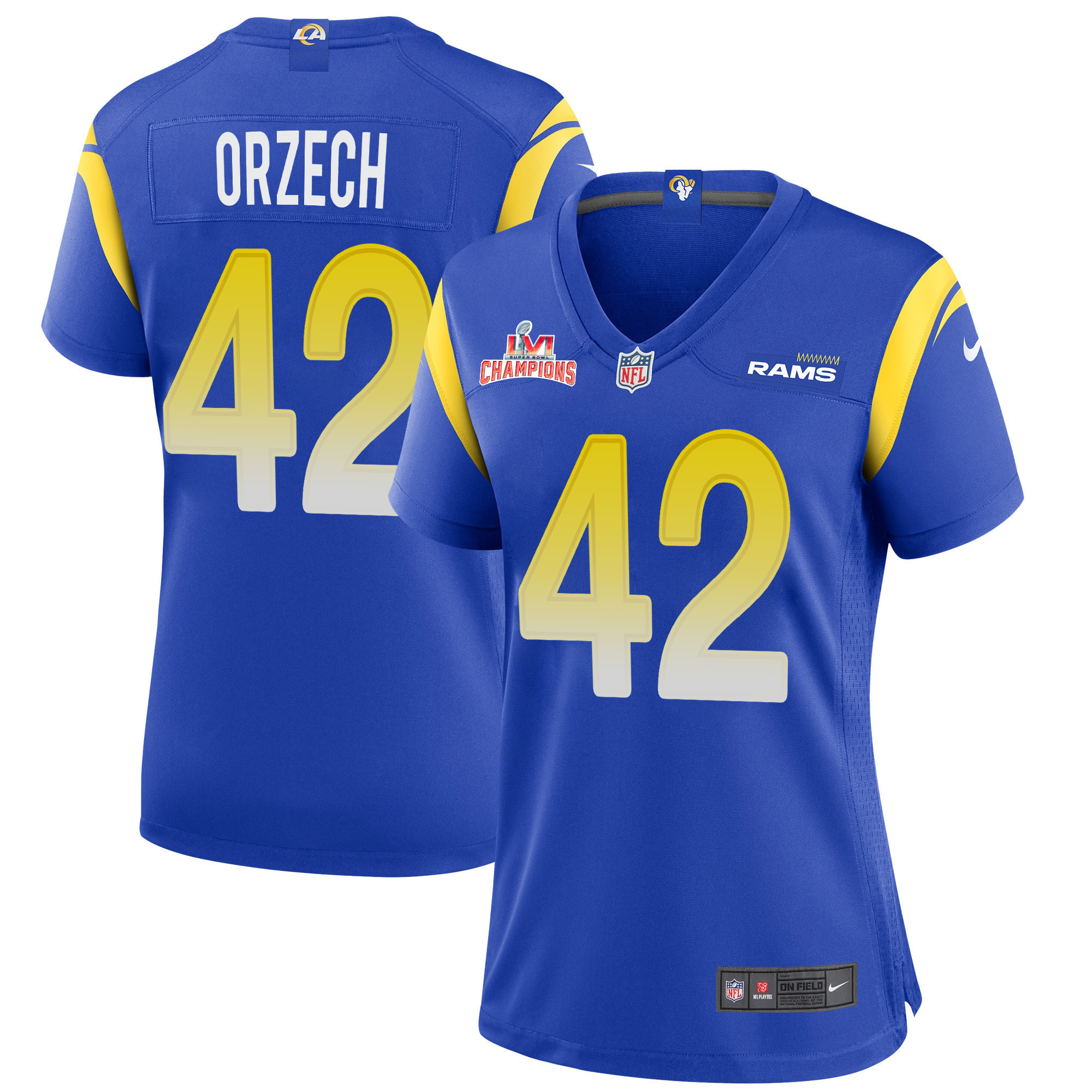 Super Bowl LVI Champions Los Angeles Rams Matthew Orzech 42 Royal Women's Jersey Jersey