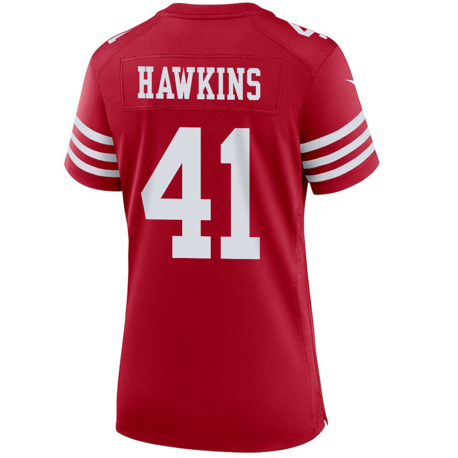 Tayler Hawkins 41 San Francisco 49ers Super Bowl LVIII Patch Game Women Jersey - Scarlet