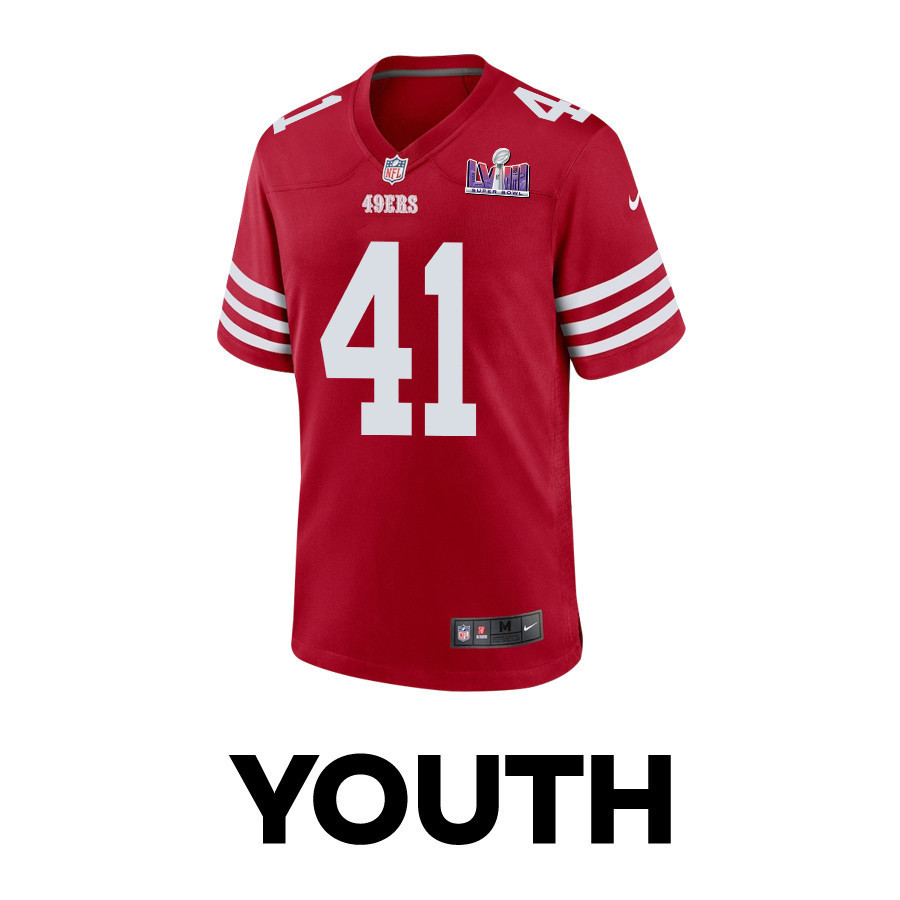 Tayler Hawkins 41 San Francisco 49ers Super Bowl LVIII Patch Game YOUTH Jersey - Scarlet