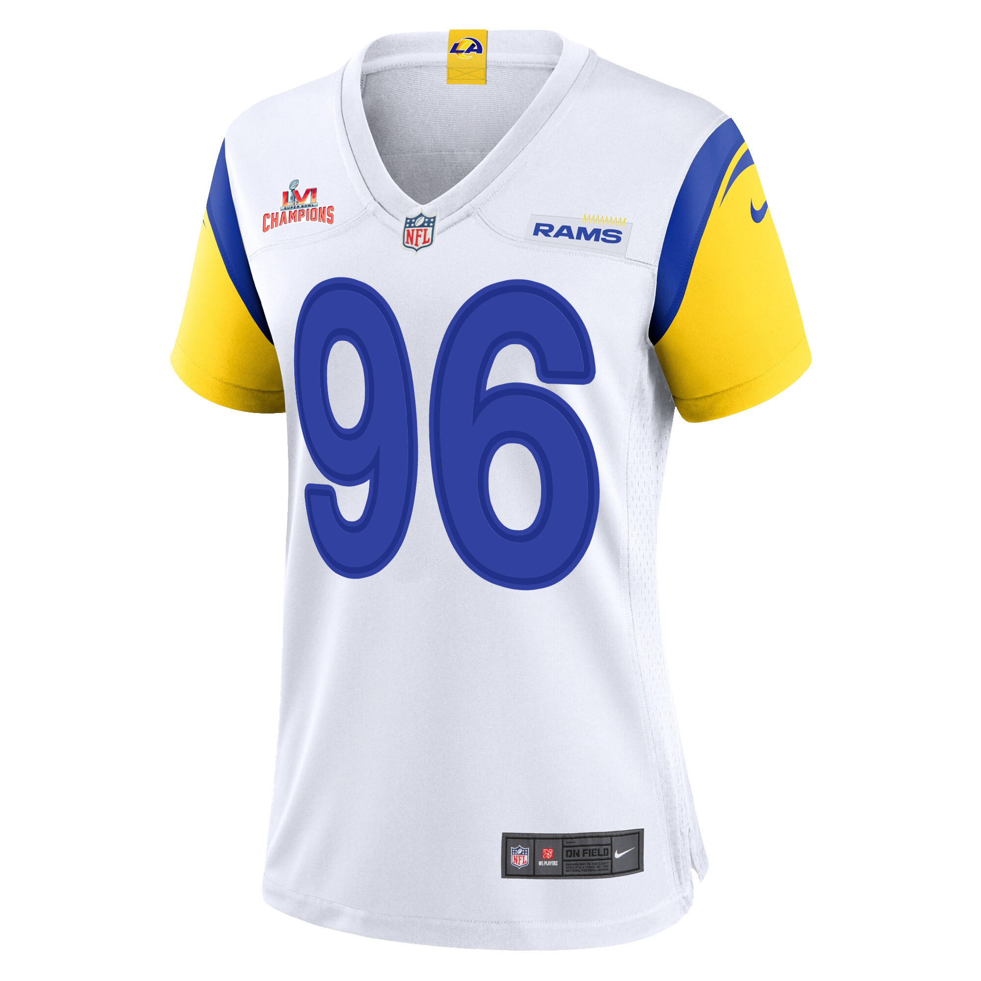 Super Bowl LVI Champions Los Angeles Rams Michael Hoecht 96 White Women's Jersey Jersey