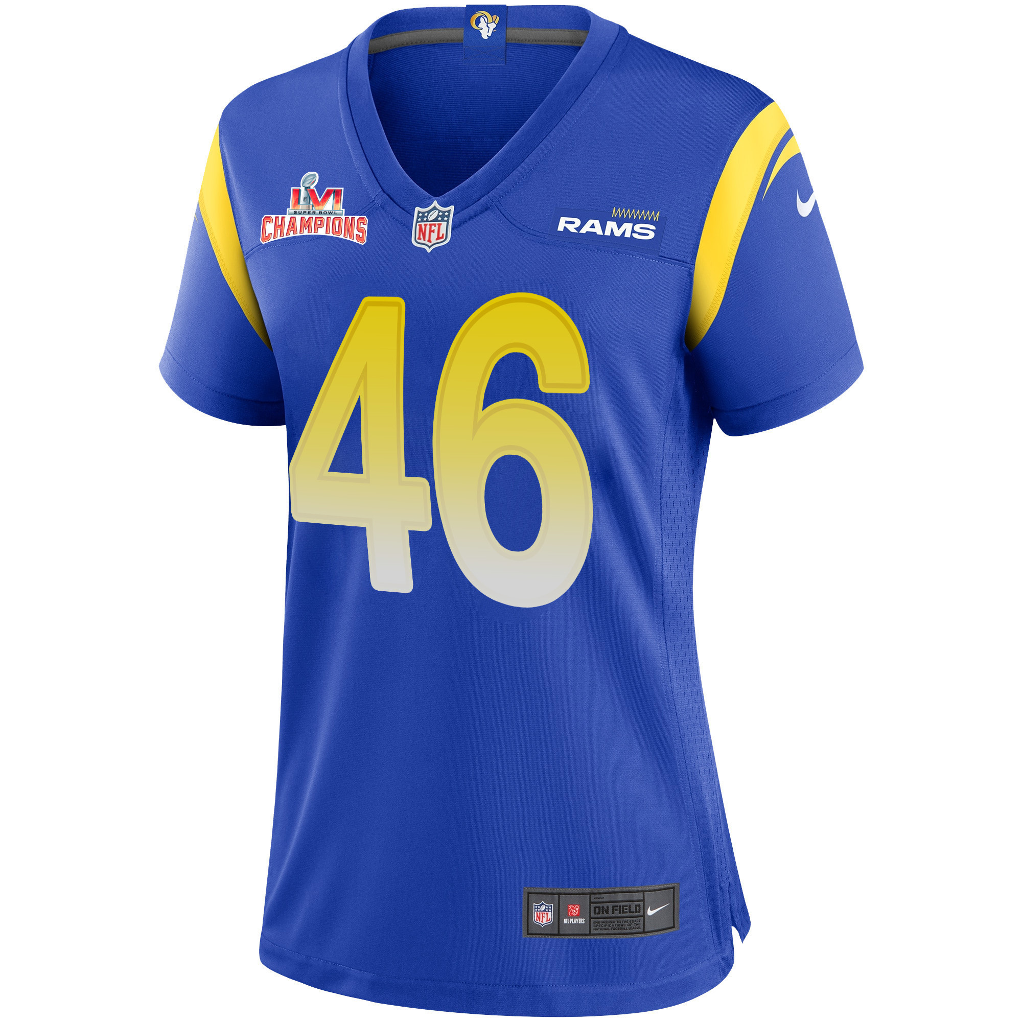 Super Bowl LVI Champions Los Angeles Rams Grant Haley 46 Royal Women's Jersey Jersey