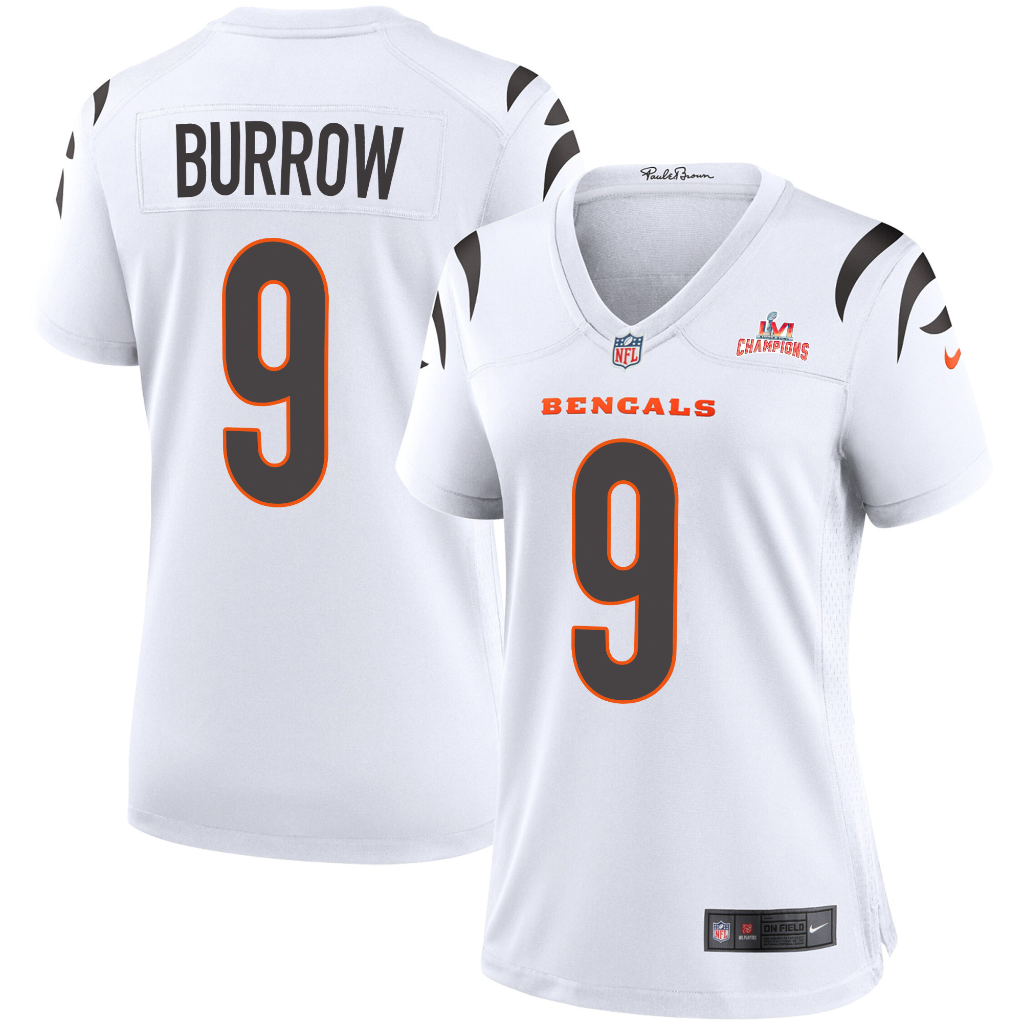 Super Bowl LVI Champions Cincinnati Bengals Joe Burrow 9 White Women's Jersey Jersey