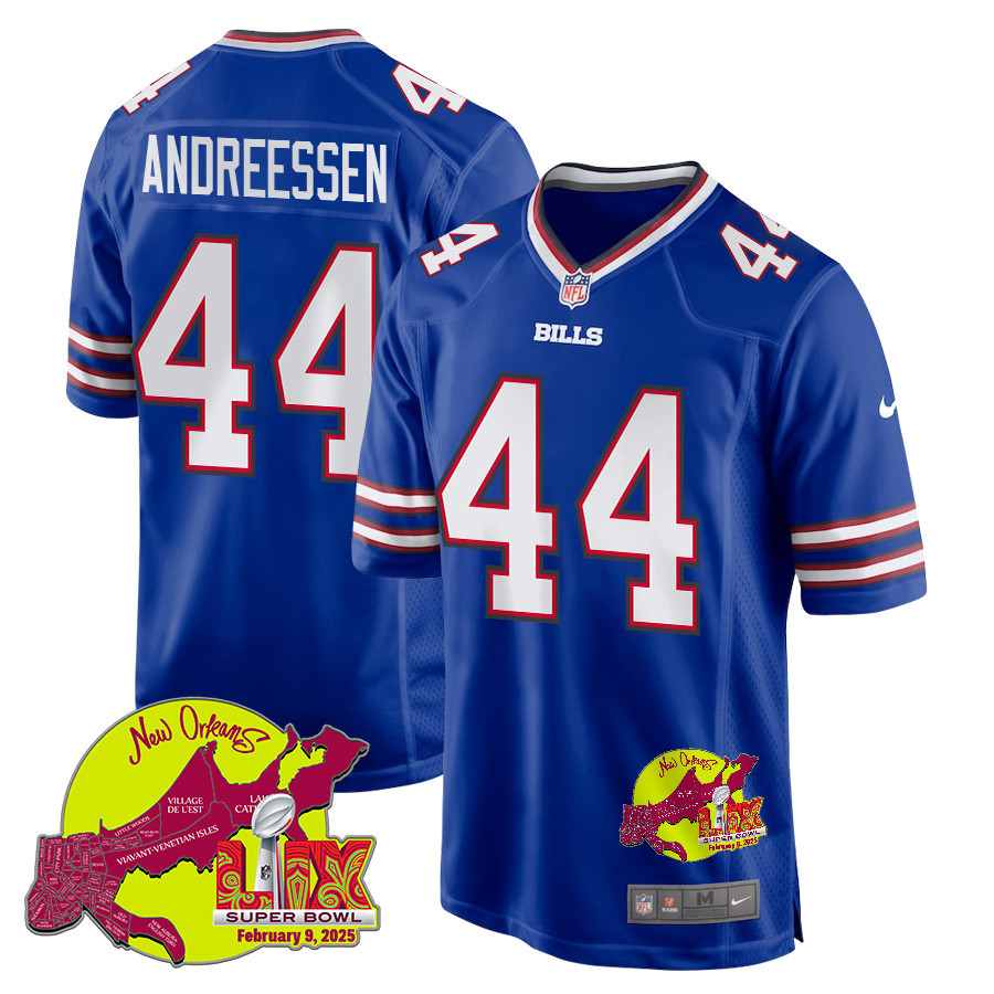 Joe Andreessen 44 Buffalo Bills Super Bowl LIX New Orleans Patch Game Men Jersey - Royal