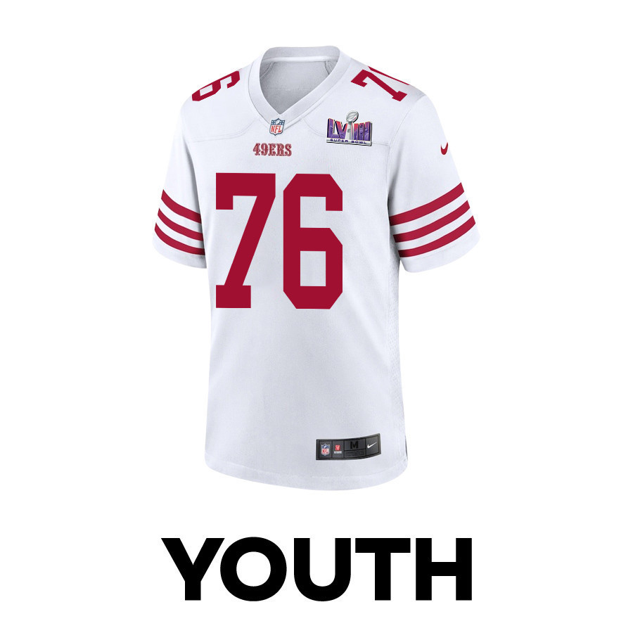 Jaylon Moore 76 San Francisco 49ers Super Bowl LVIII Patch Game YOUTH Jersey - White