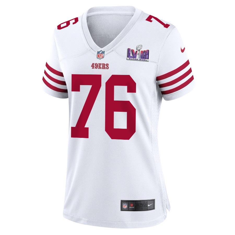 Jaylon Moore 76 San Francisco 49ers Super Bowl LVIII Patch Game Women Jersey - White