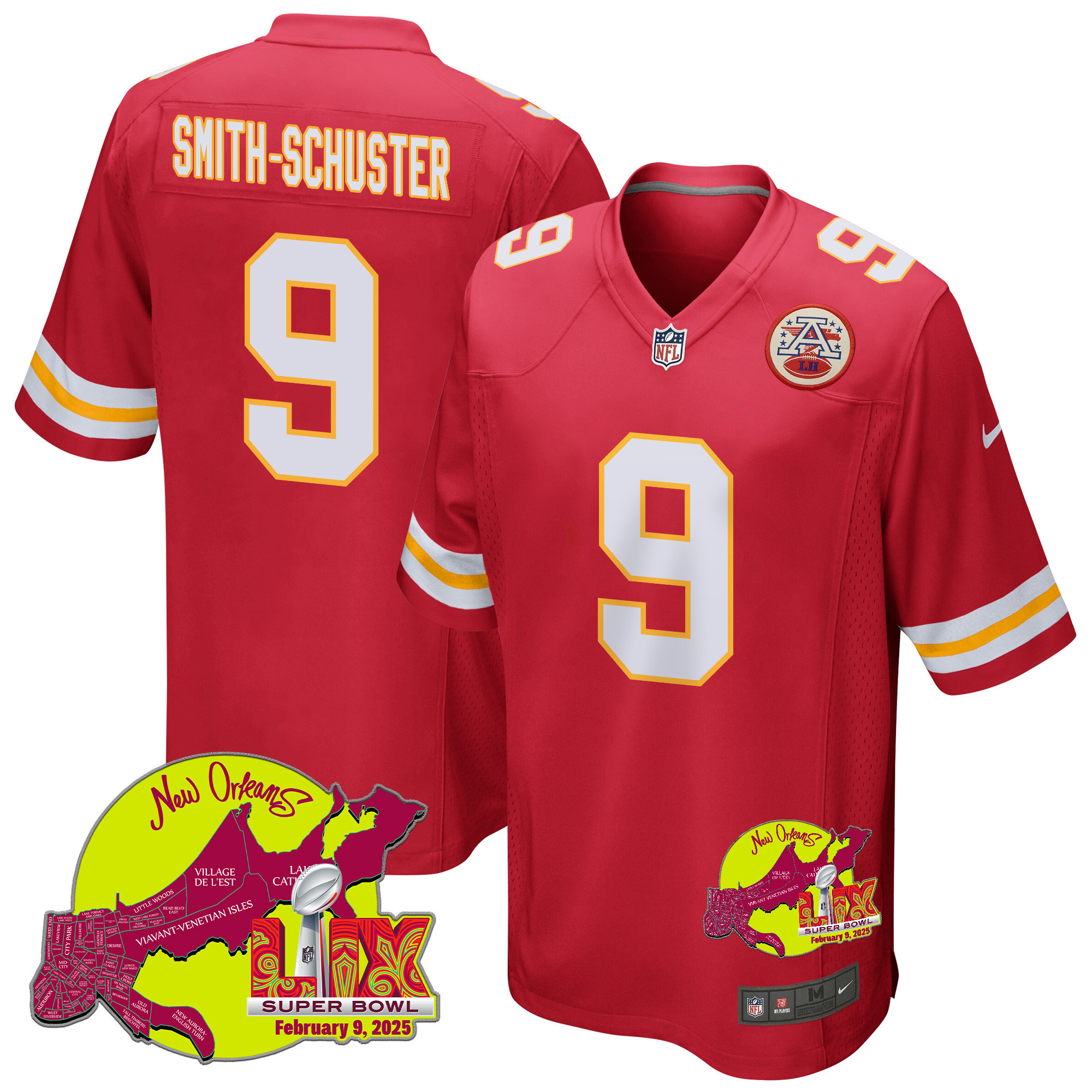 JuJu Smith-Schuster 9 Kansas City Chiefs Super Bowl LIX New Orleans Patch Game Men Jersey - Red