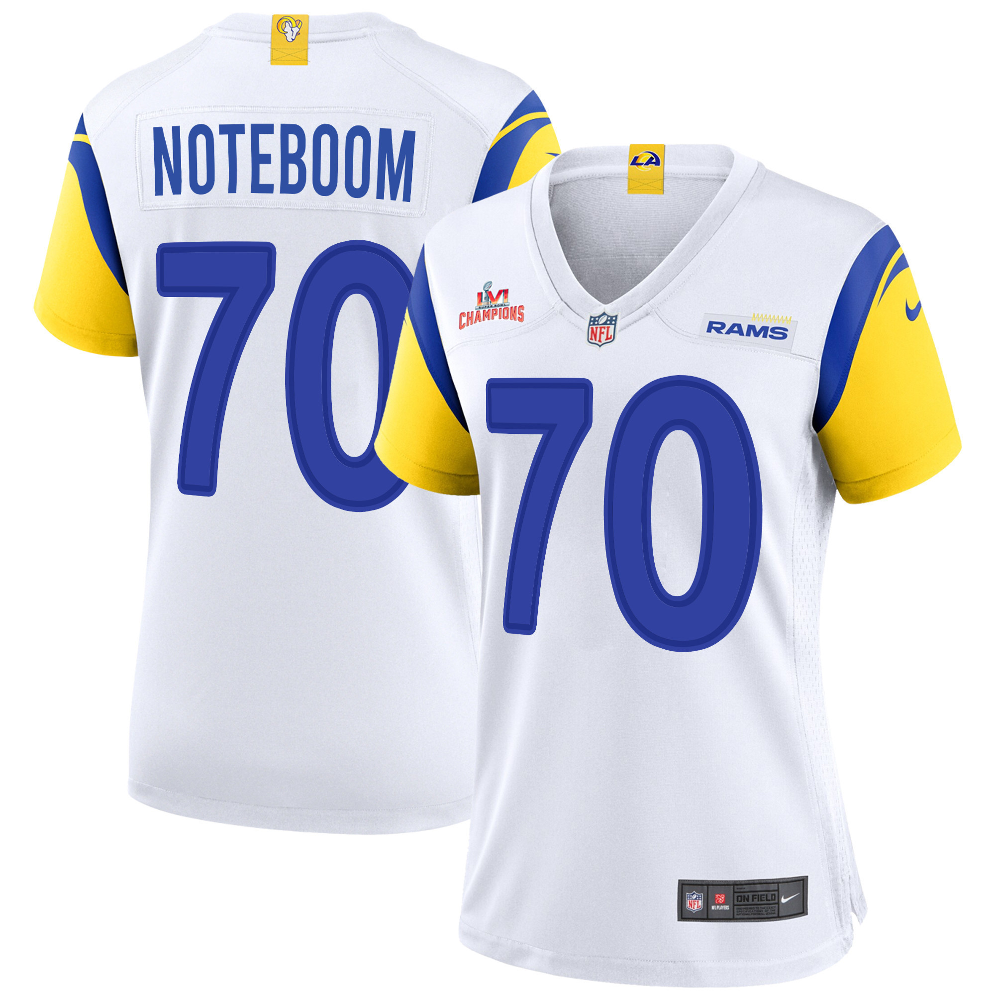 Super Bowl LVI Champions Los Angeles Rams Joe Noteboom 70 White Women's Jersey Jersey
