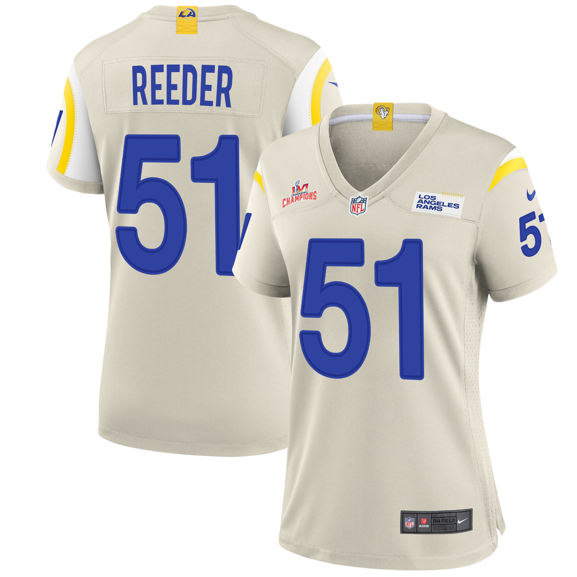 Super Bowl LVI Champions Los Angeles Rams Troy Reeder 51 Bone Women's Jersey Jersey