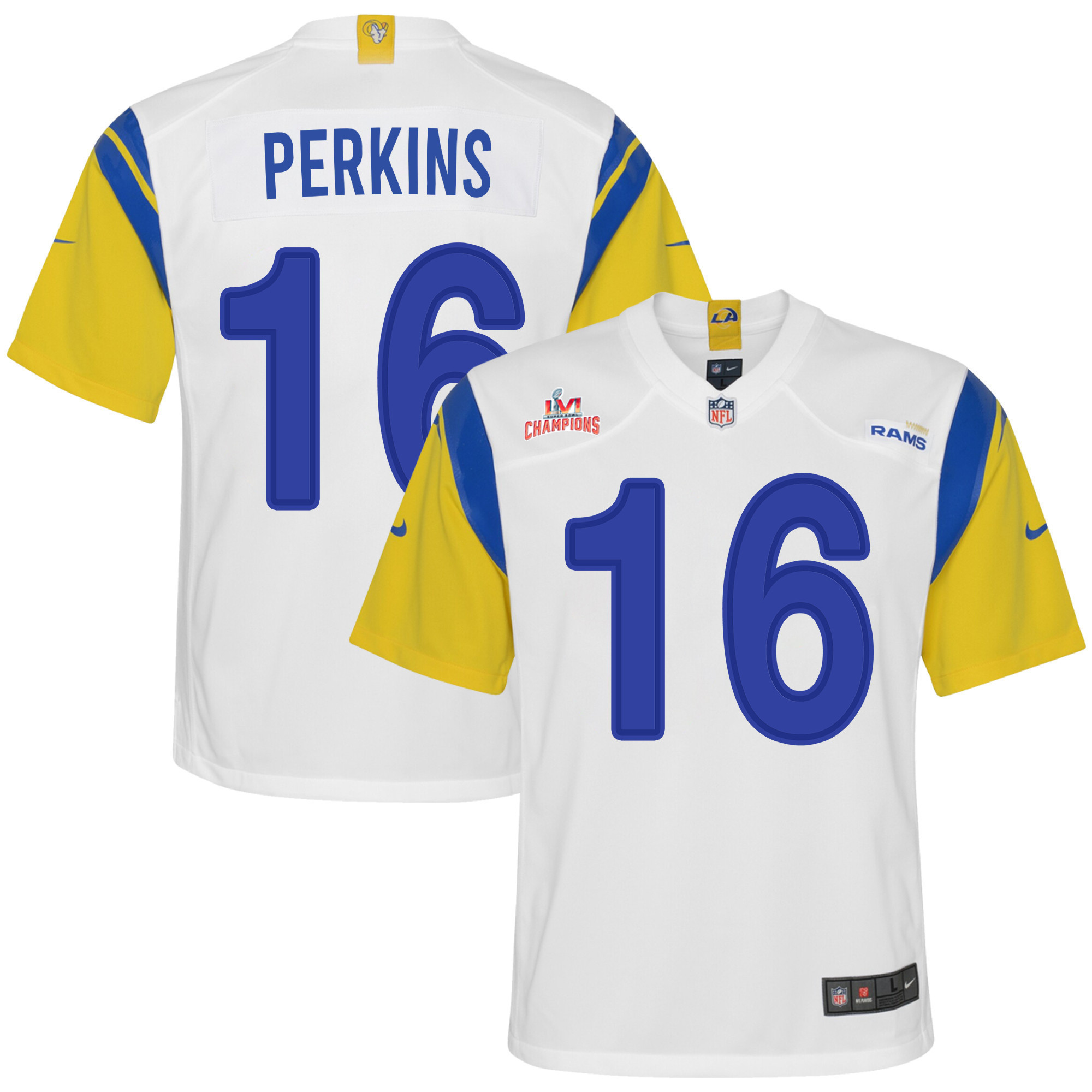 Super Bowl LVI Champions Los Angeles Rams Bryce Perkins 16 White Youth's Jersey Jersey