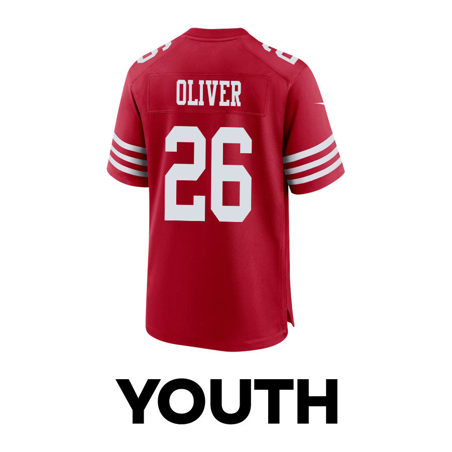 Isaiah Oliver 26 San Francisco 49ers Super Bowl LVIII Patch Game YOUTH Jersey - Scarlet