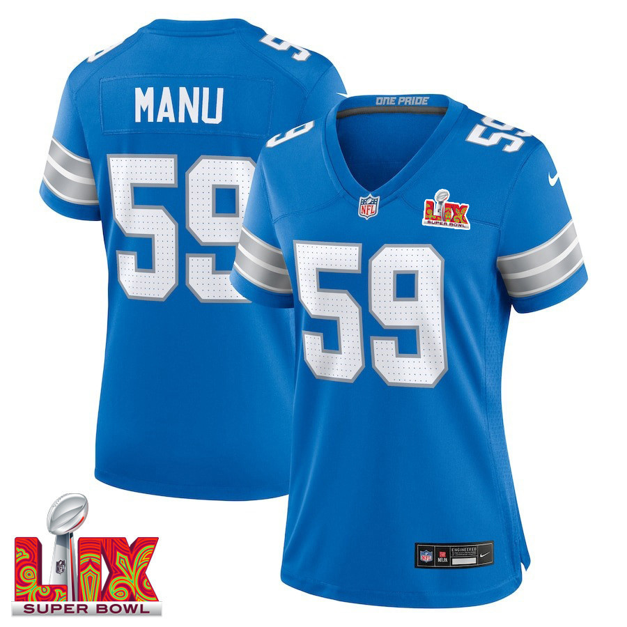 Giovanni Manu #59 Detroit Lions Super Bowl LIX Women's Jersey - Blue
