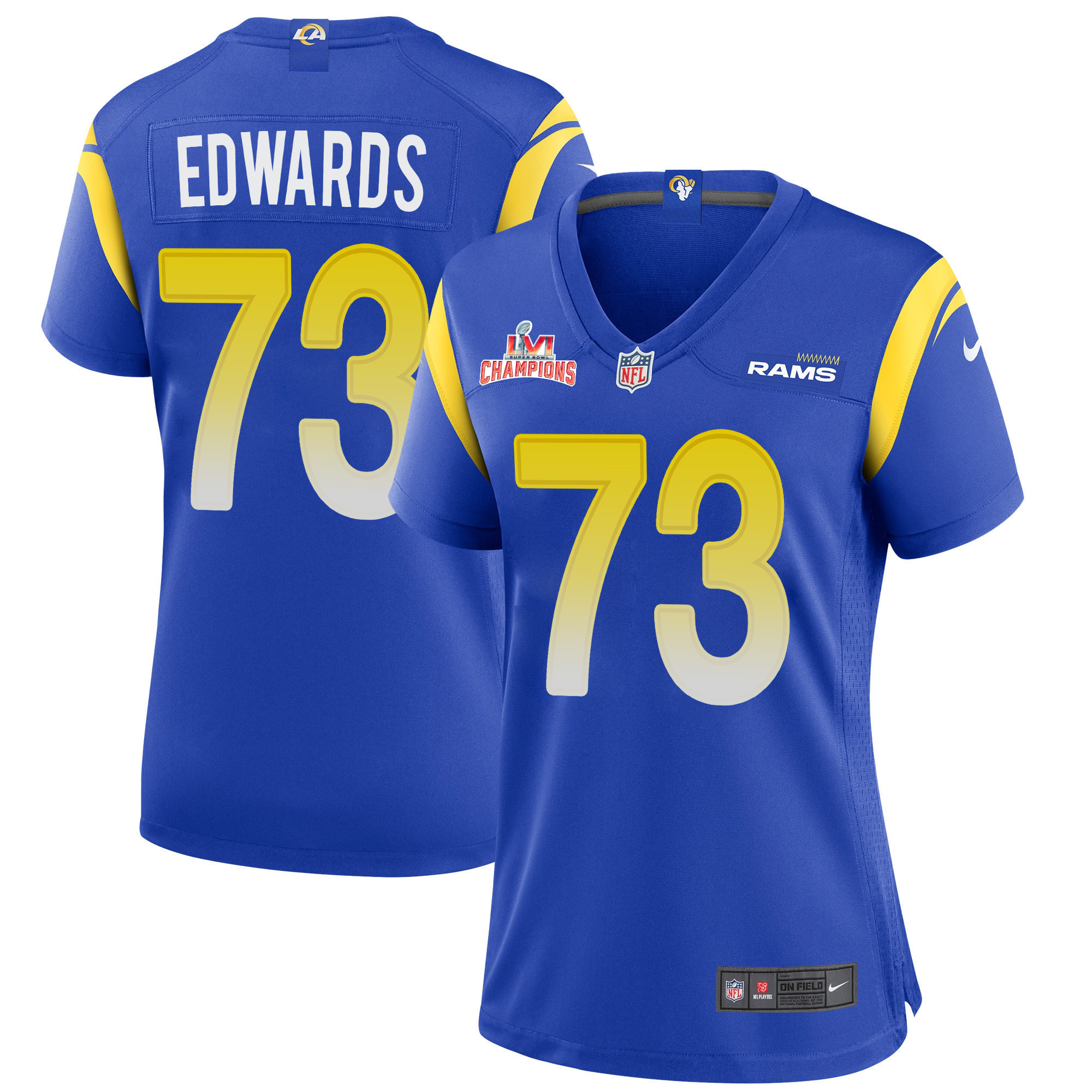 Super Bowl LVI Champions Los Angeles Rams David Edwards 73 Royal Women's Jersey Jersey