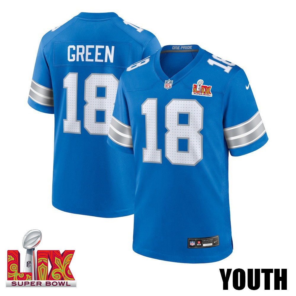Antoine Green #18 Detroit Lions Super Bowl LIX YOUTH Jersey - Blue