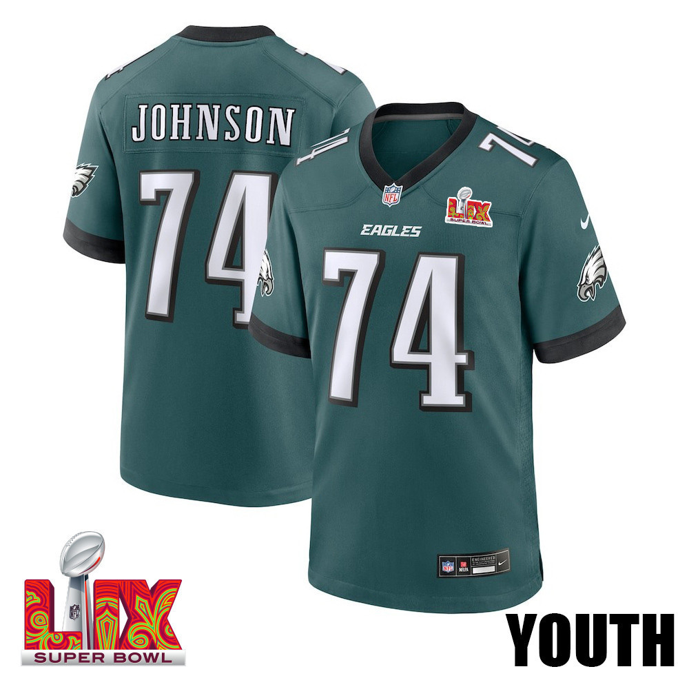 Fred Johnson #74 Philadelphia Eagles Super Bowl LIX YOUTH Jersey - Midnight Green