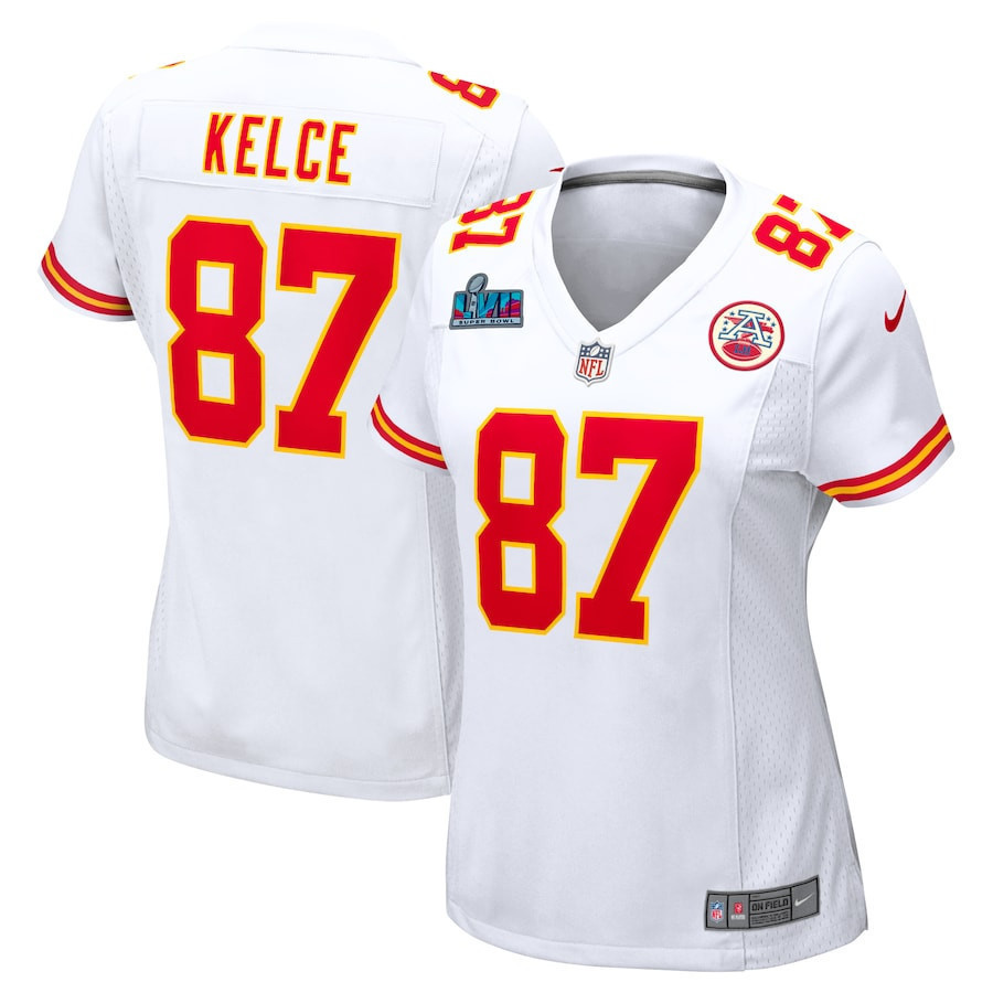 Travis Kelce 87 Kansas City Chiefs Women's Super Bowl LVII Patch Away Game Jersey - White