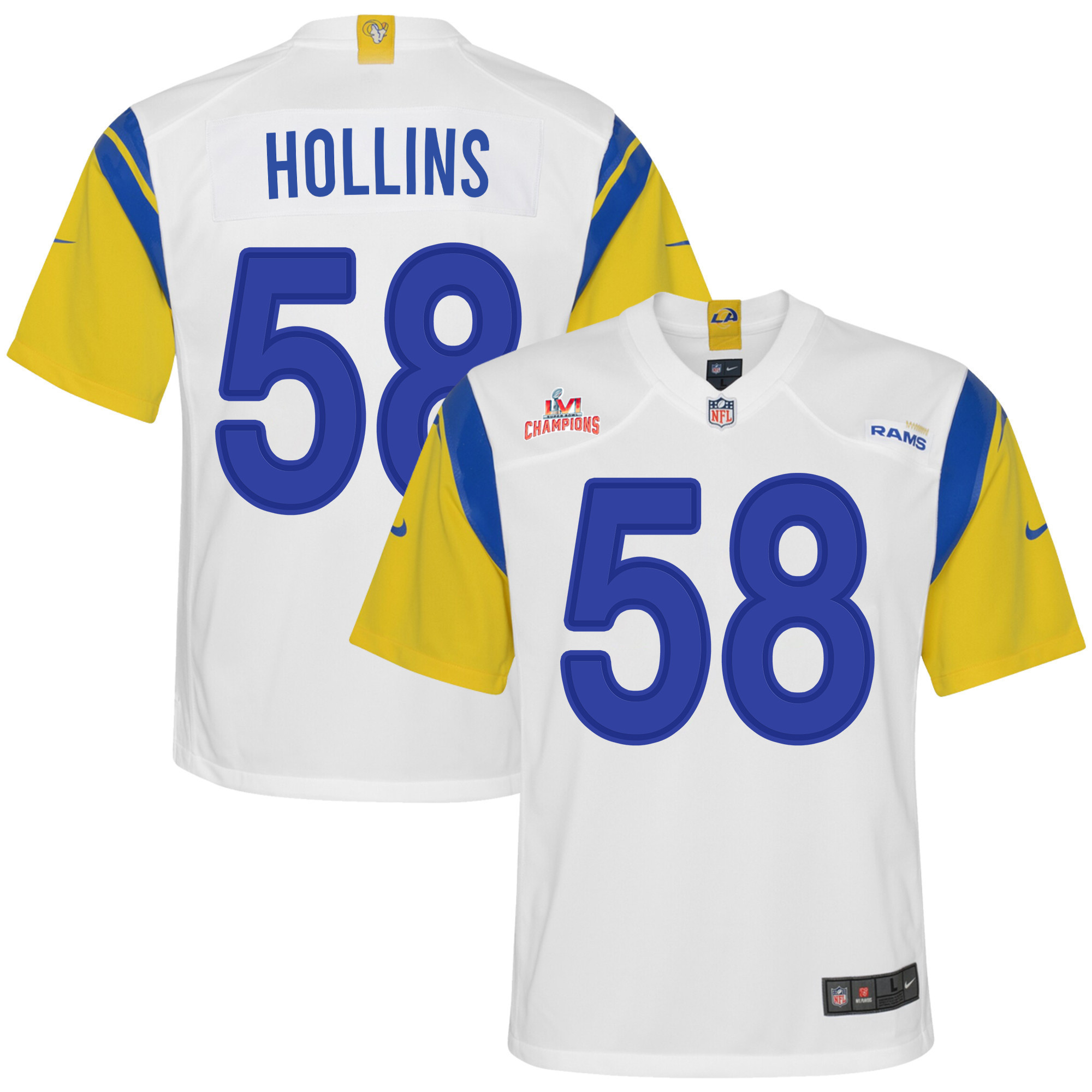 Super Bowl LVI Champions Los Angeles Rams Justin Hollins 58 White Youth's Jersey Jersey