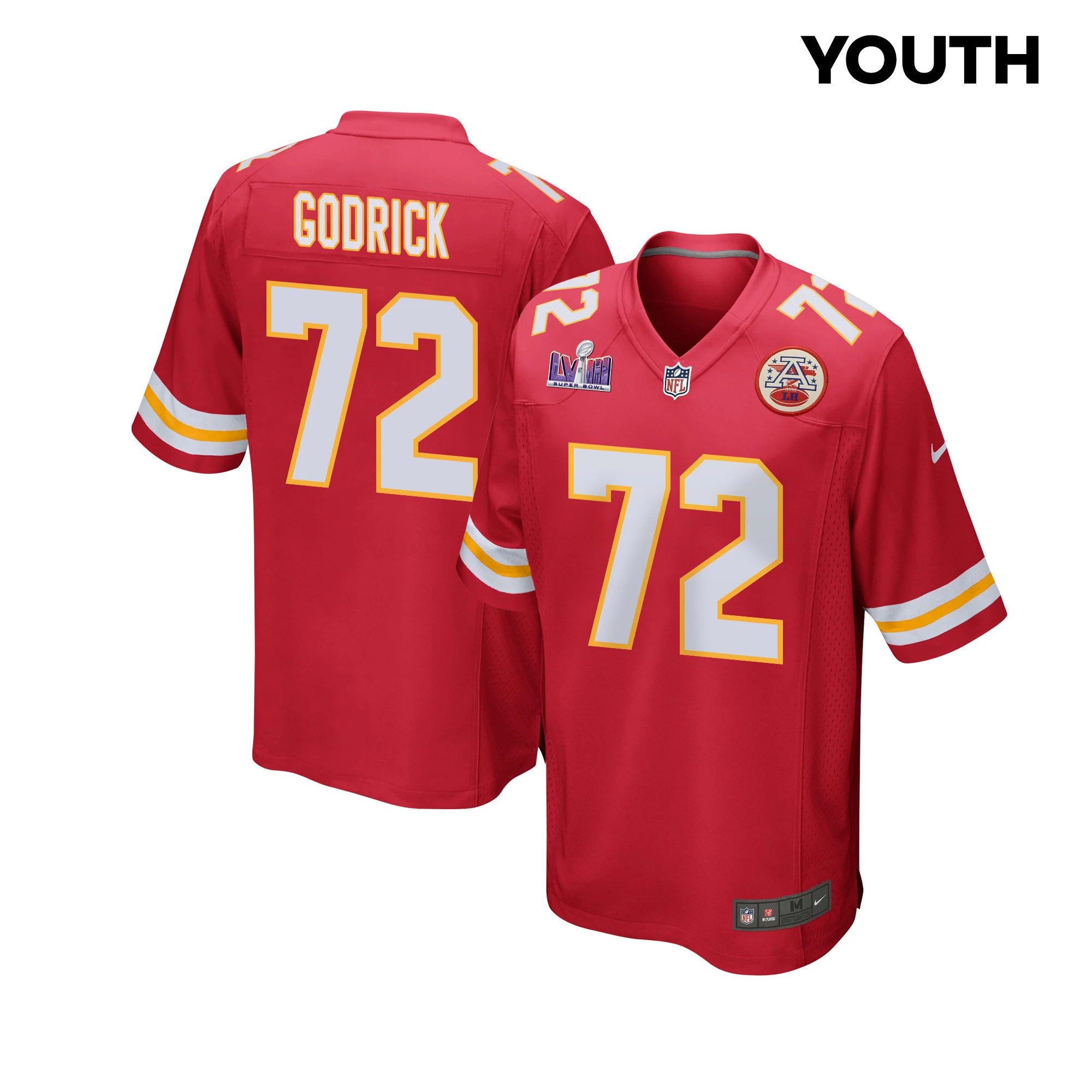 Chukwuebuka Godrick 72 Kansas City Chiefs Super Bowl LVIII Patch Game YOUTH Jersey - Red