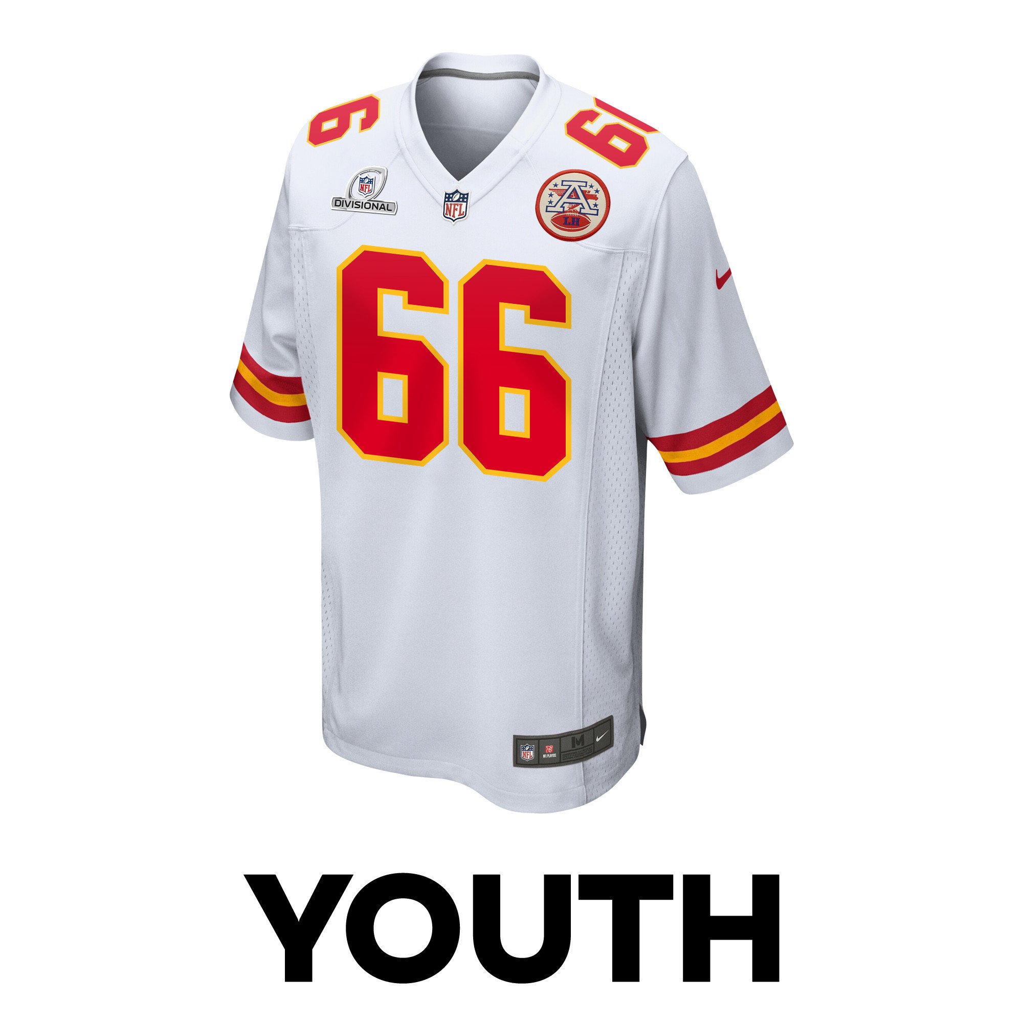 Mike Caliendo 66 Kansas City Chiefs Super Bowl LVIII Patch Game YOUTH Jersey - White