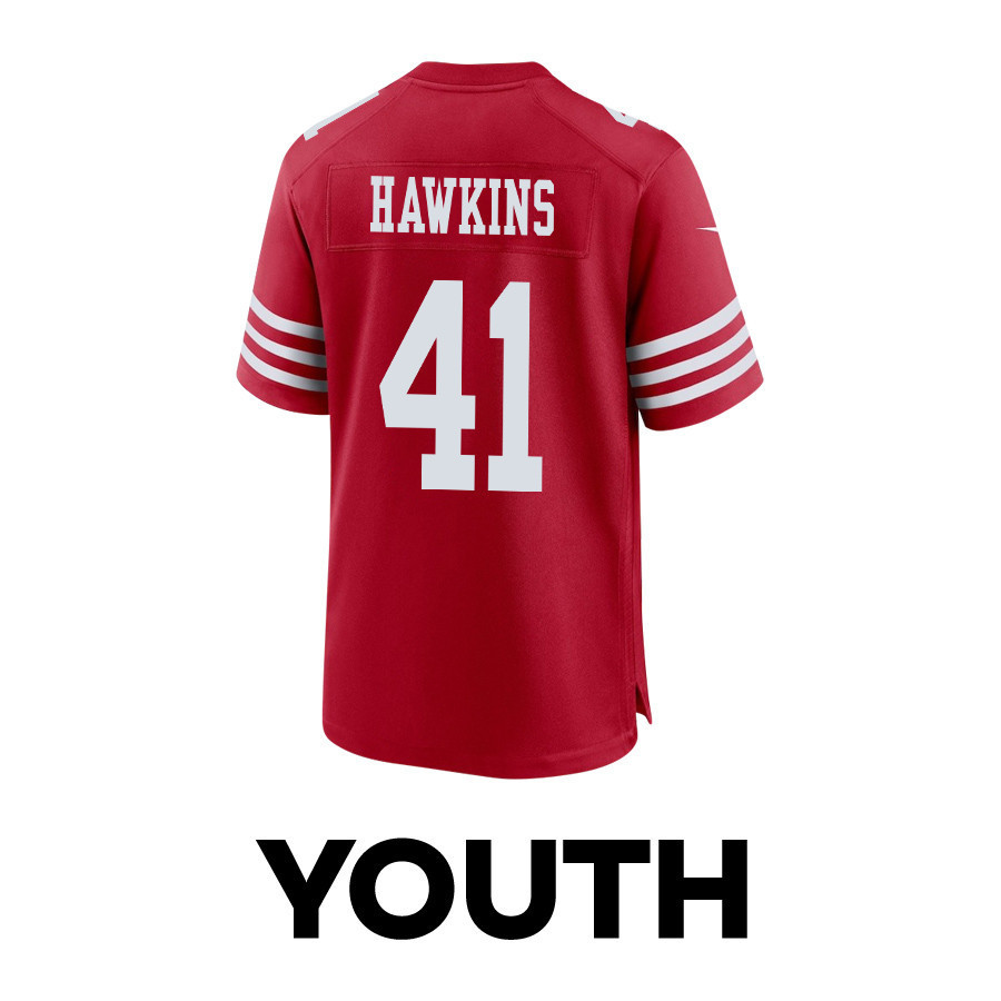 Tayler Hawkins 41 San Francisco 49ers Super Bowl LVIII Patch Game YOUTH Jersey - Scarlet
