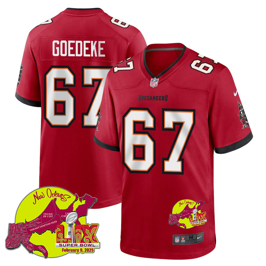 Luke Goedeke 67 Tampa Bay Buccaneers Super Bowl LIX New Orleans Patch Game Men Jersey - Red