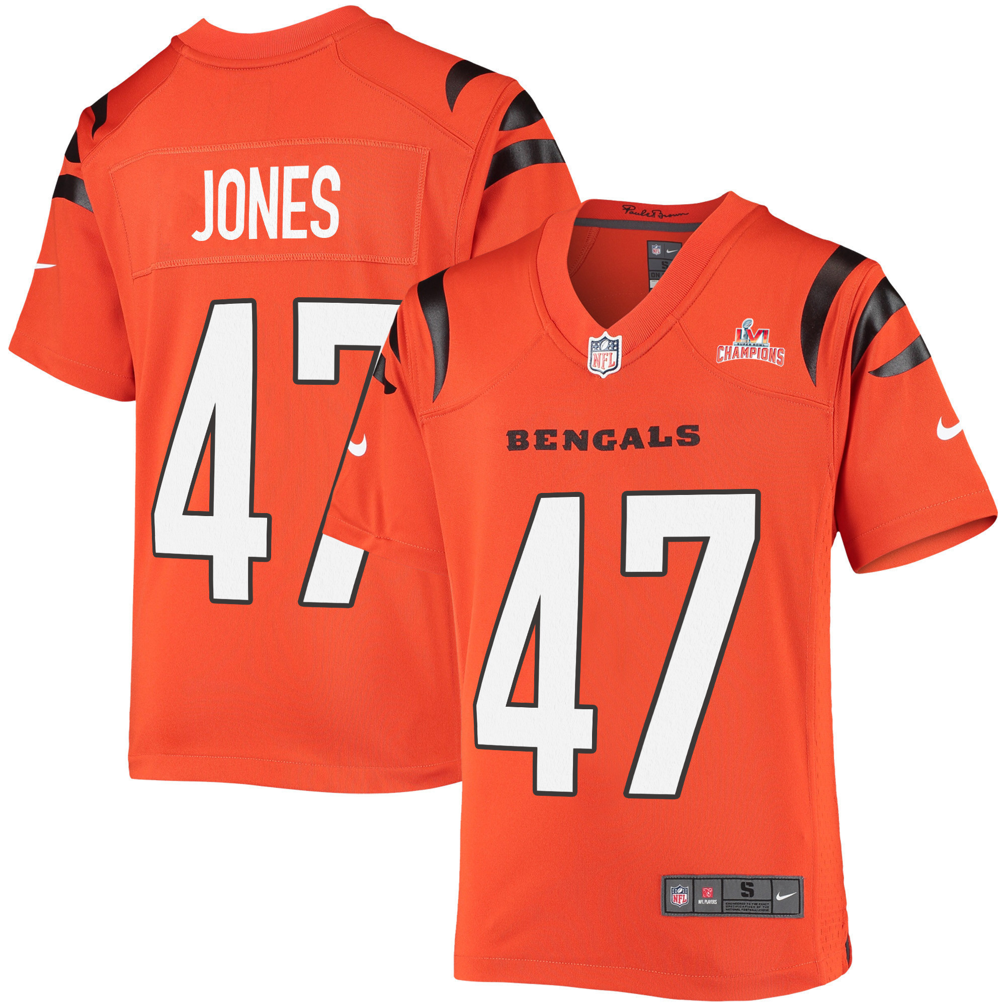Super Bowl LVI Champions Cincinnati Bengals Keandre Jones 47 Orange Youth's Jersey Jersey