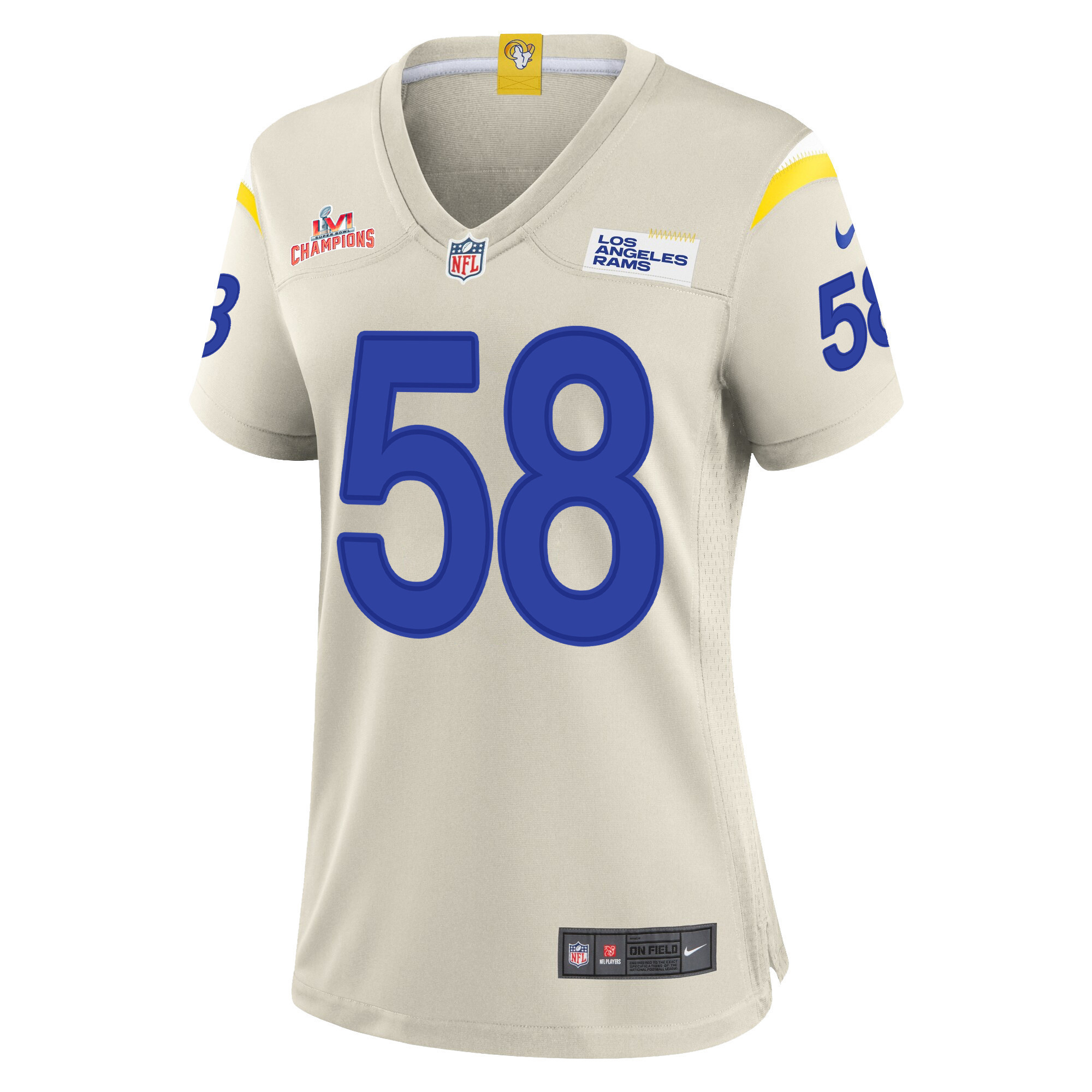 Super Bowl LVI Champions Los Angeles Rams Justin Hollins 58 Bone Women's Jersey Jersey