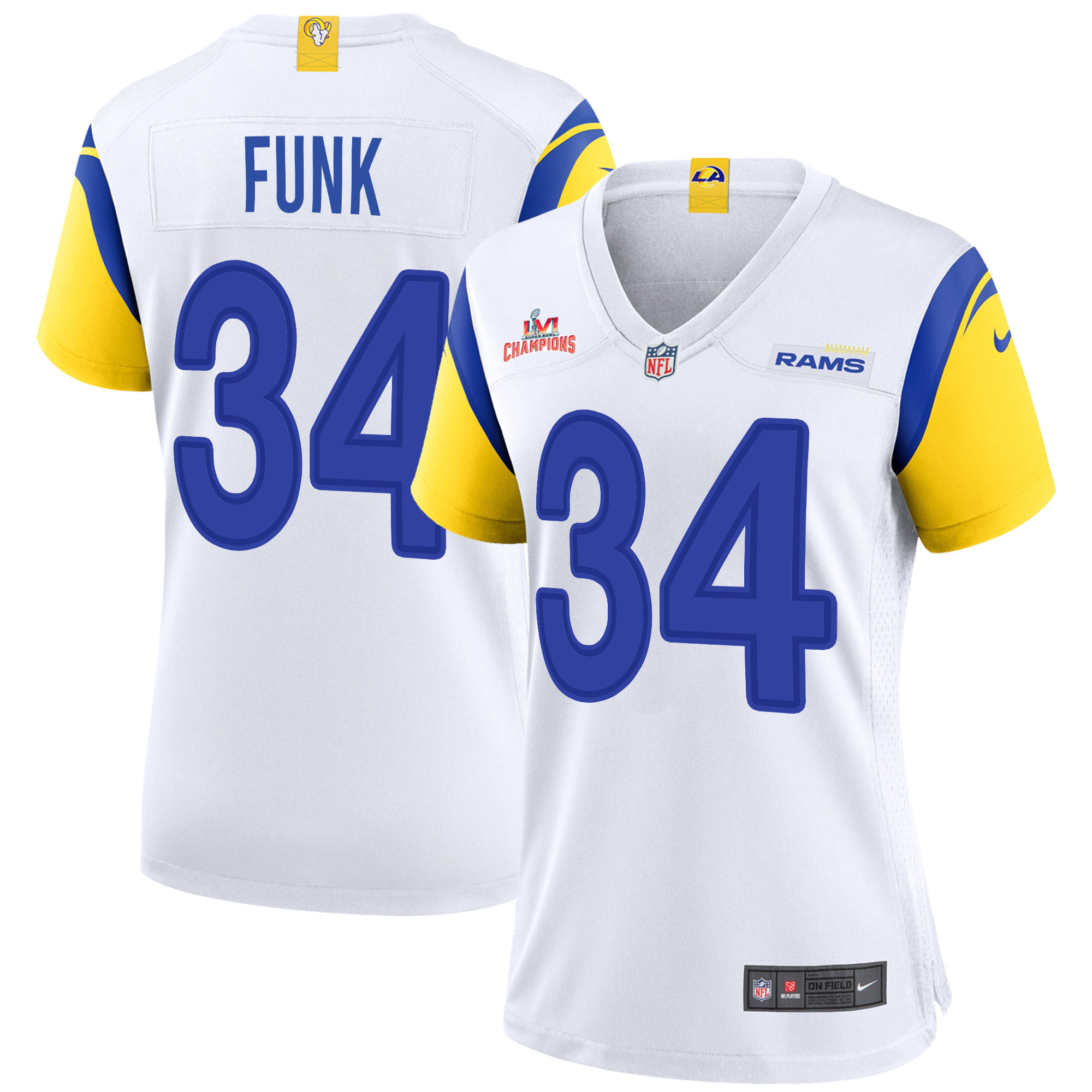 Super Bowl LVI Champions Los Angeles Rams Jake Funk 34 White Women's Jersey Jersey