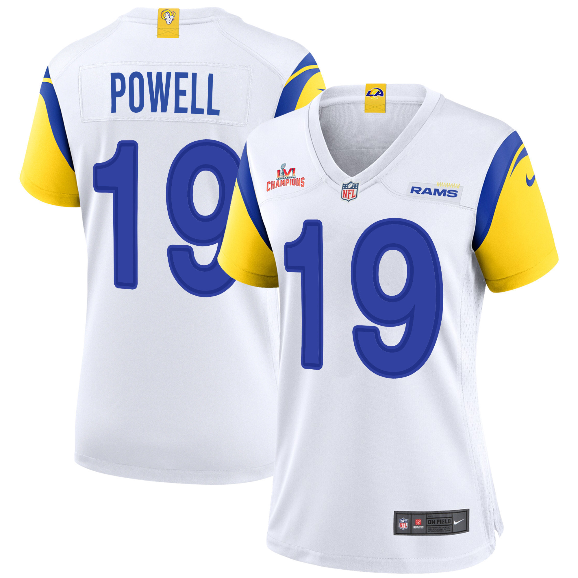 Super Bowl LVI Champions Los Angeles Rams Brandon Powell 19 White Women's Jersey Jersey