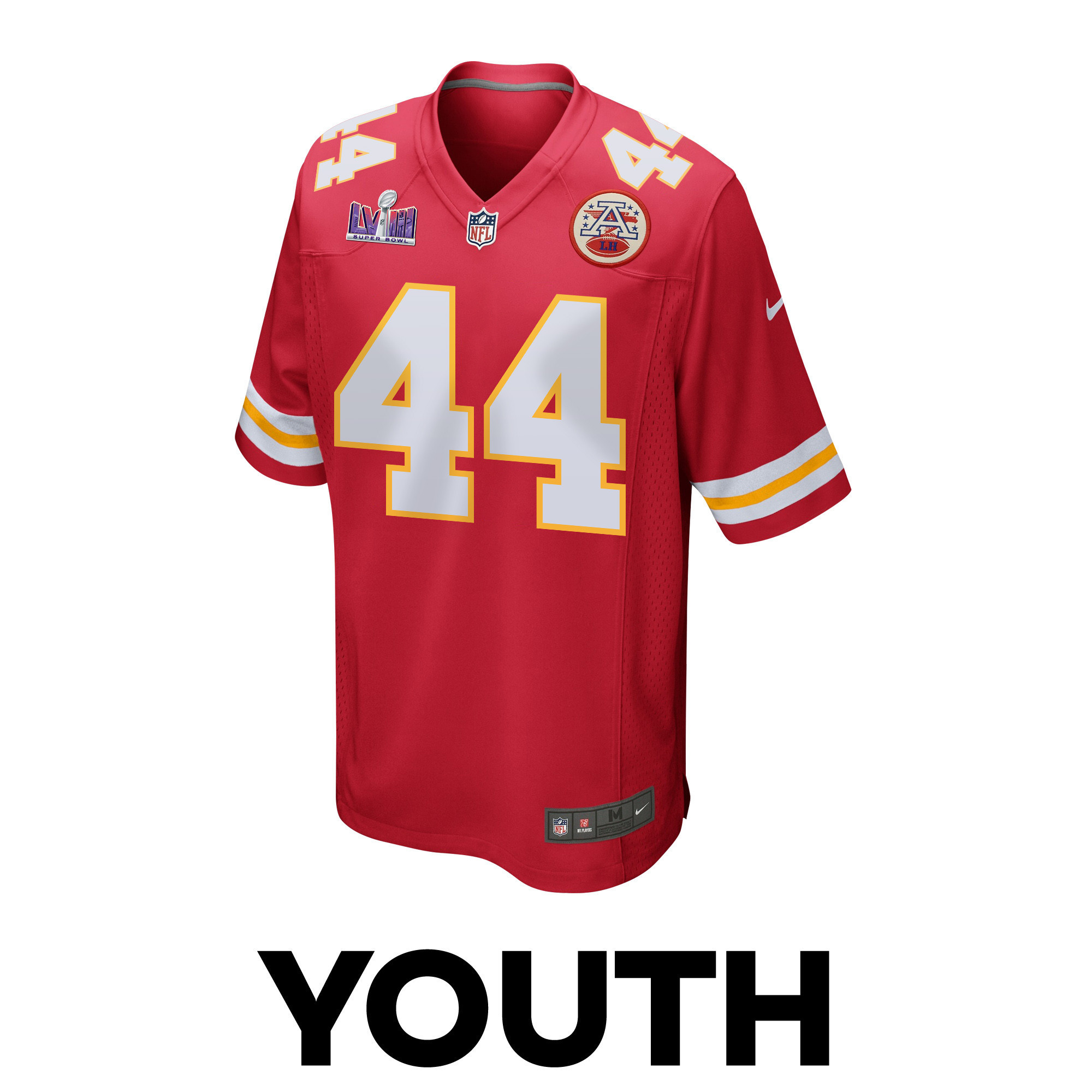 Cam Jones 44 Kansas City Chiefs Super Bowl LVIII Patch Game YOUTH Jersey - Red
