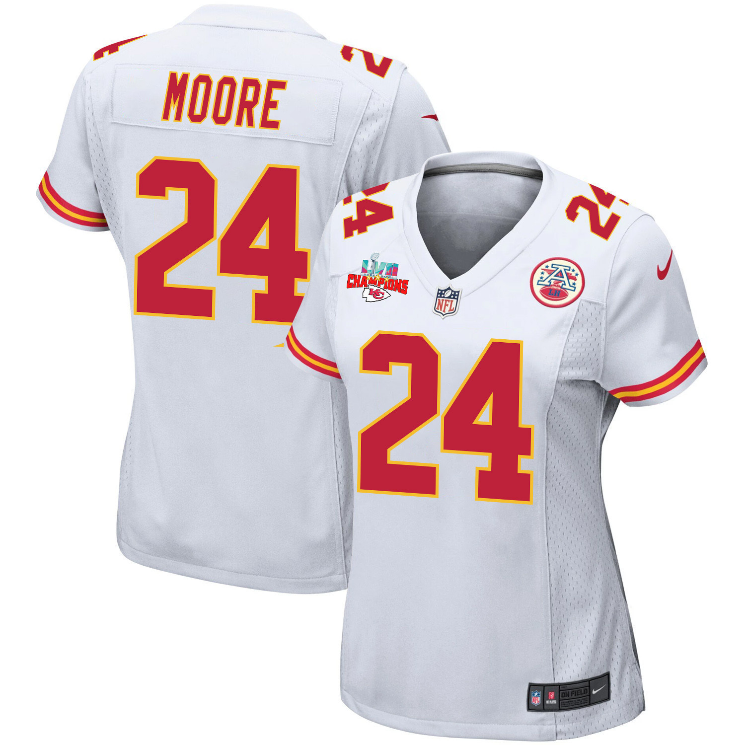 Skyy Moore 24 Kansas City Chiefs Super Bowl LVII Champions 3 Stars Women Game Jersey - White
