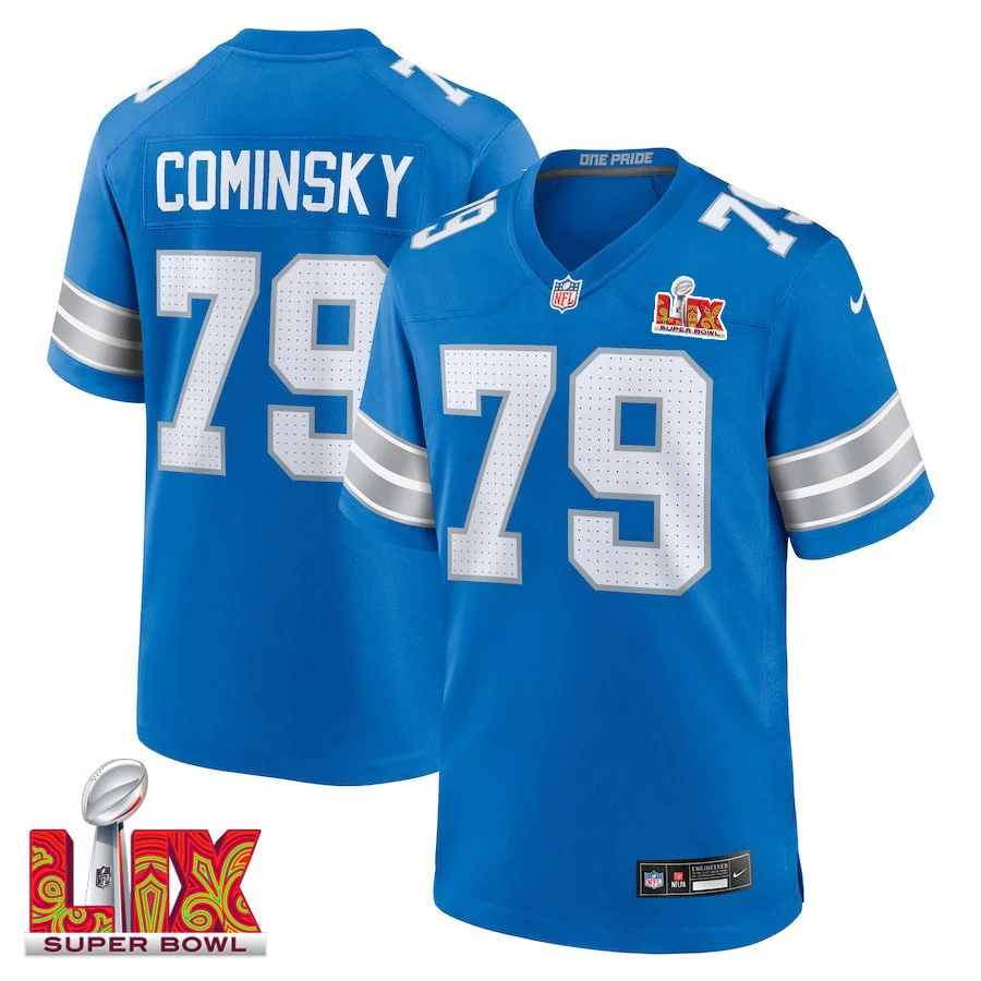 John Cominsky #79 Detroit Lions Super Bowl LIX Jersey - Men's - Blue